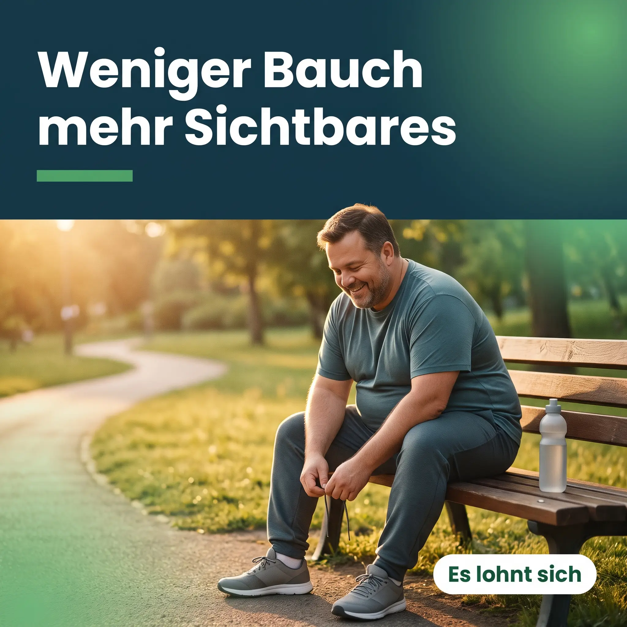 Übergewichtiger Mann bindet bei Sonnenaufgang auf der Parkbank seine Laufschuhe zu