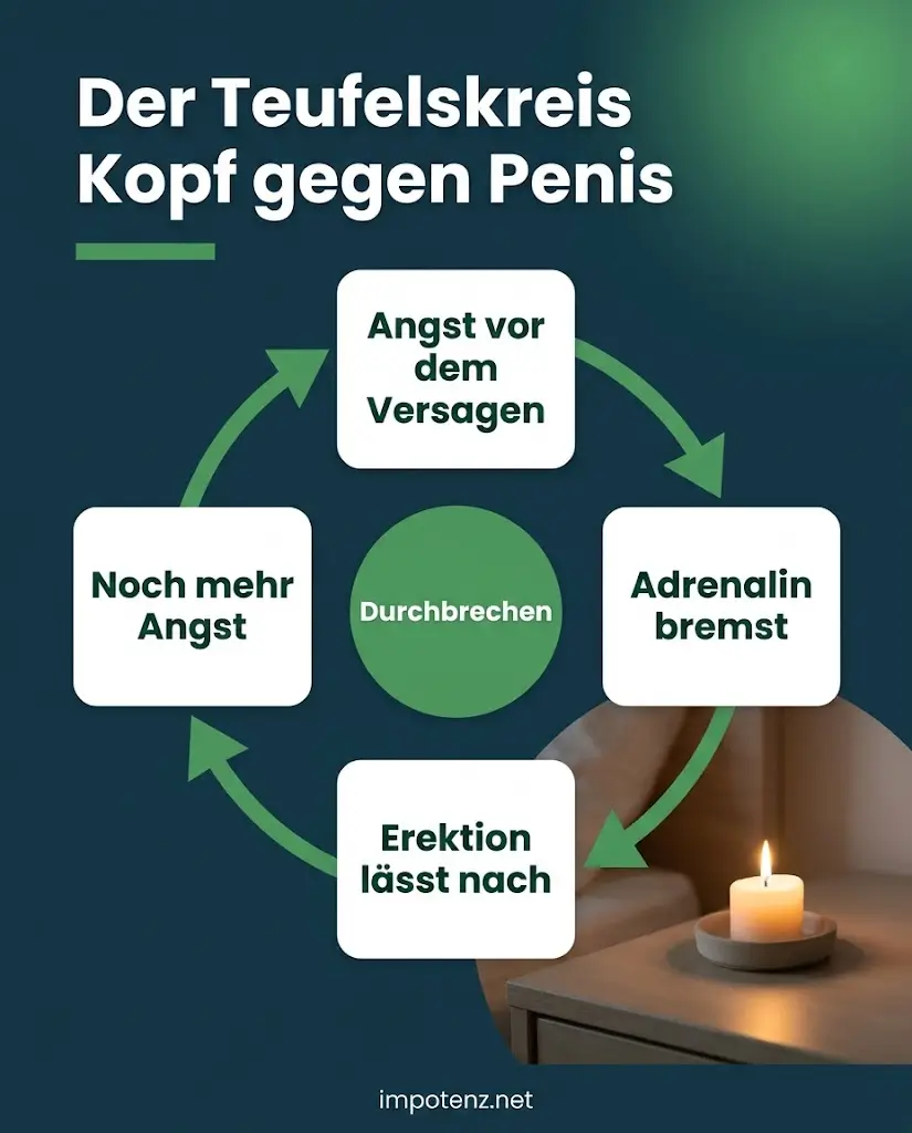 Infografik Aufregung beim Sex: Teufelskreis aus Versagensangst, Adrenalin und nachlassender Erektion
