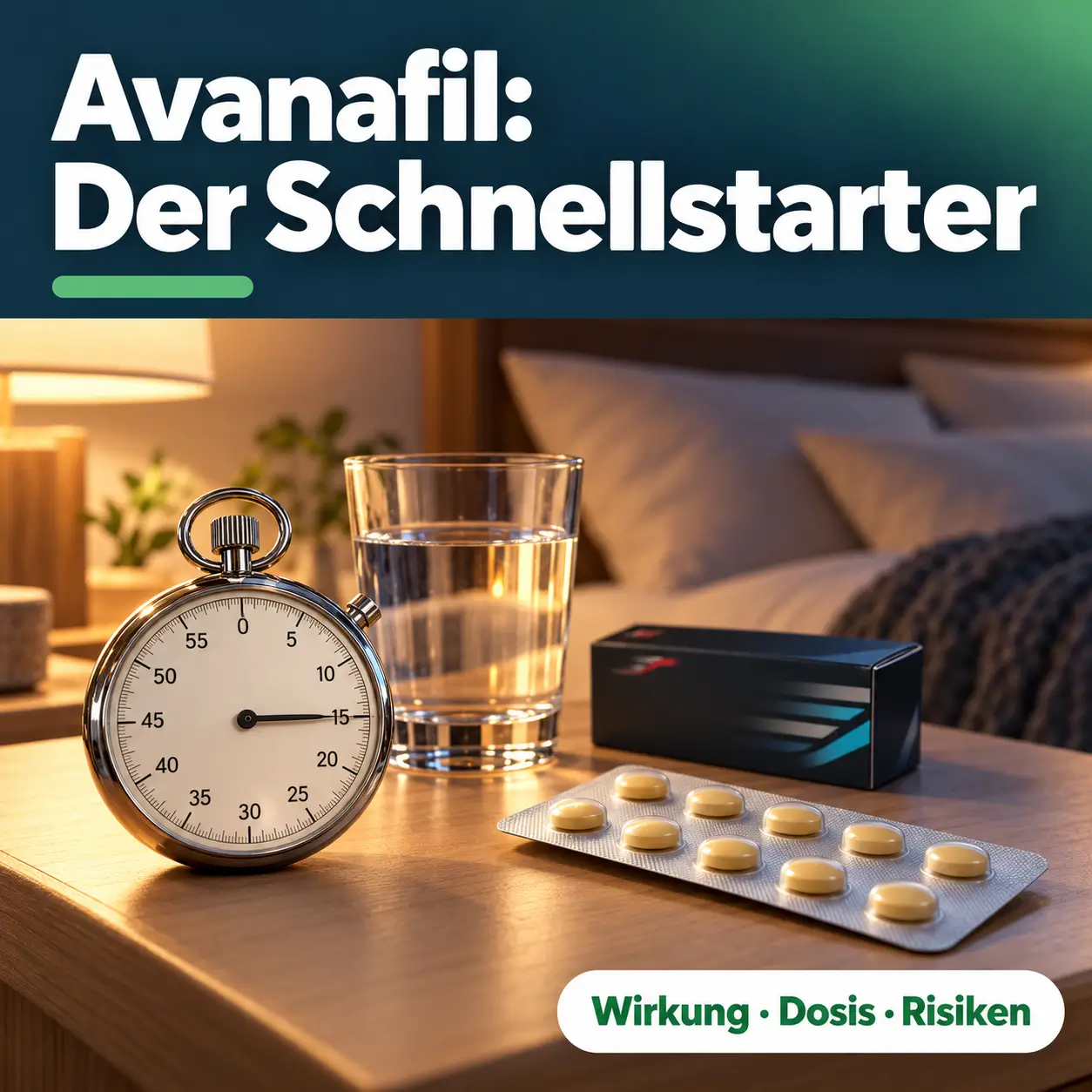 Avanafil (Spedra): Stoppuhr auf 15 Minuten neben neutraler Tablettenpackung auf dem Nachttisch