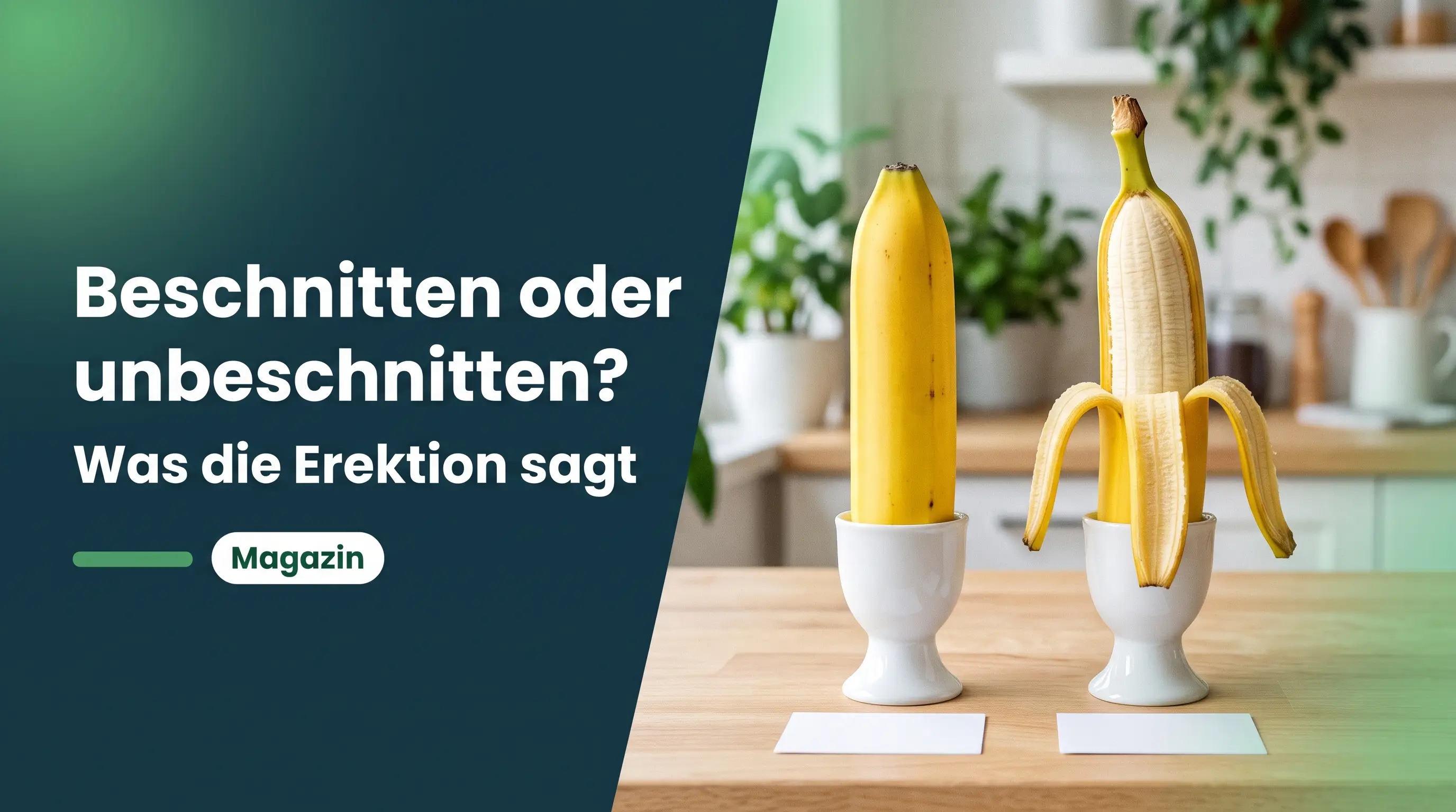 Beschnitten oder unbeschnitten: zwei Bananen im Eierbecher, eine geschält, eine ungeschält