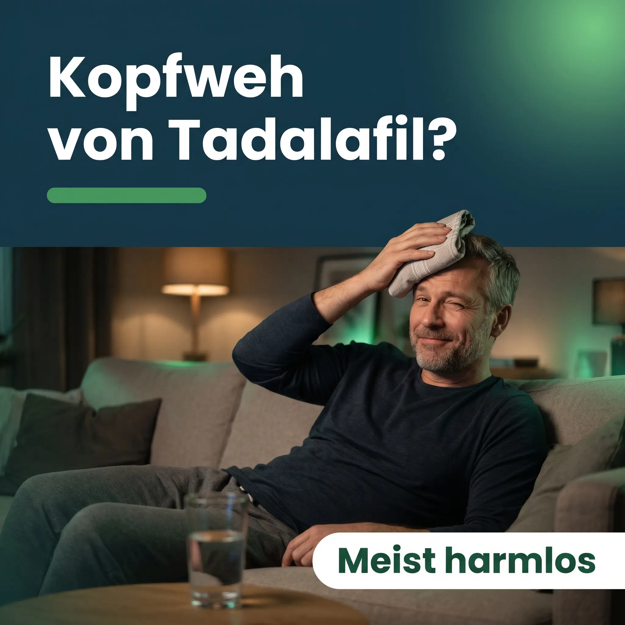 Cialis Kopfschmerzen: Mann liegt mit Kühlpack auf der Stirn auf dem Sofa, Glas Wasser auf dem Tisch