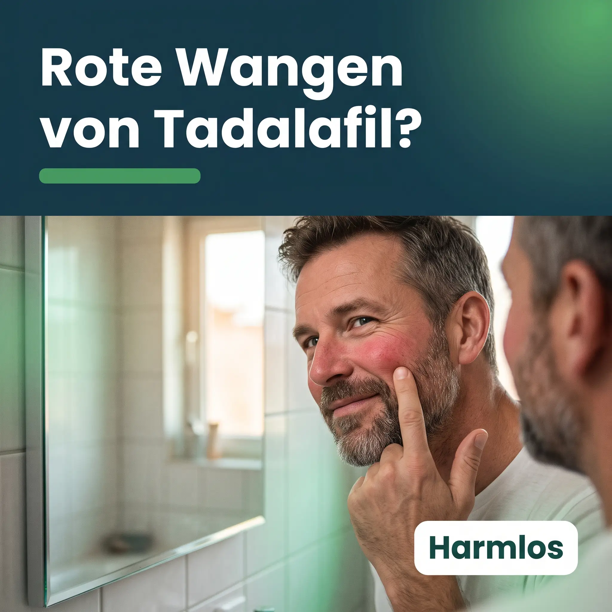 Cialis rotes Gesicht: Mann mit geröteten Wangen neben der Nase schaut lächelnd in den Spiegel