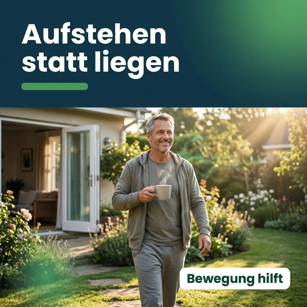 Mann streckt sich morgens mit Kaffee im Garten, Bewegung hilft gegen Cialis Rückenschmerzen