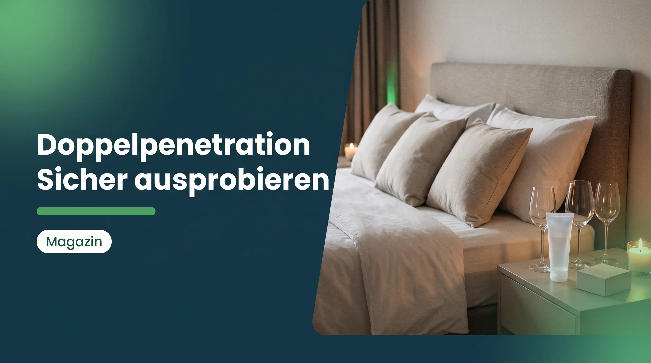 Doppelpenetration Tipps: Bett mit drei Kissen, Weingläsern und Gleitgel auf dem Nachttisch
