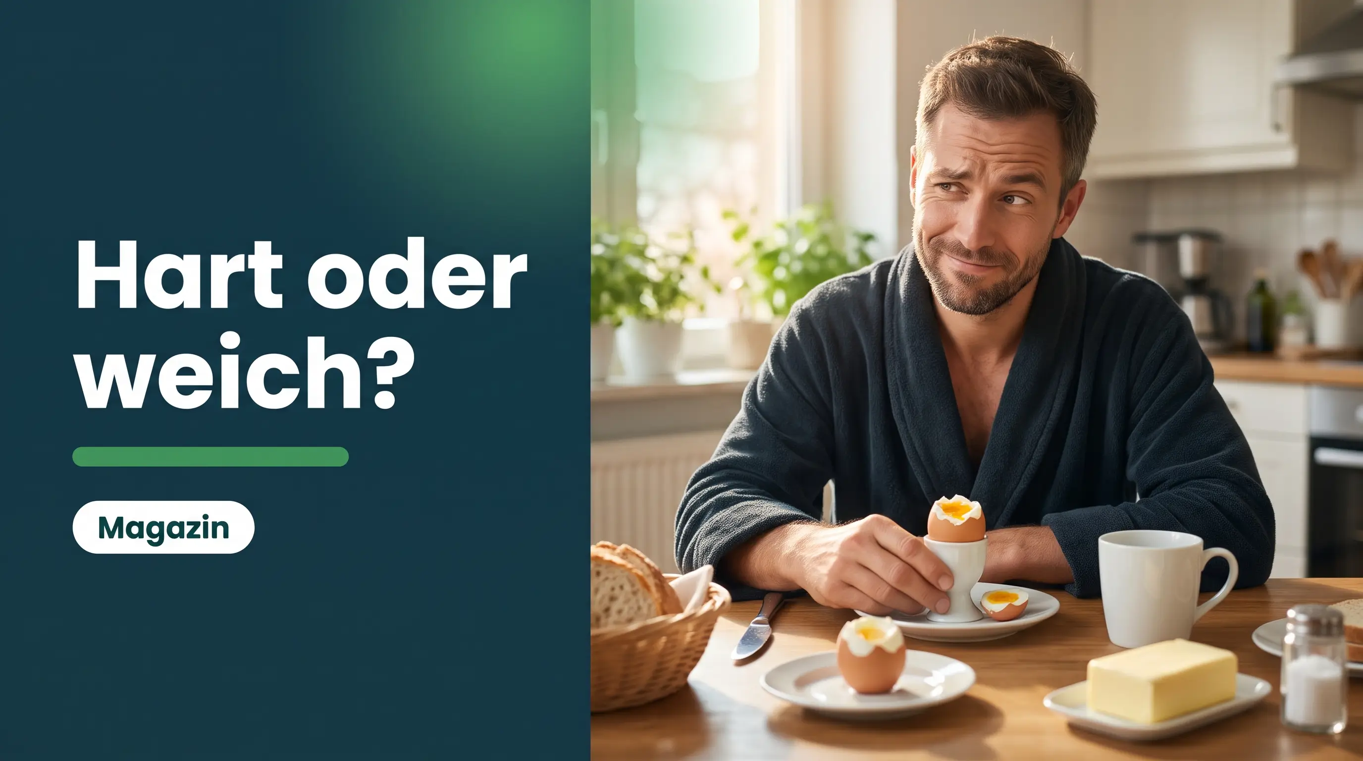 Eichel wird nicht hart: Mann am Frühstückstisch betrachtet skeptisch ein weich gekochtes Ei