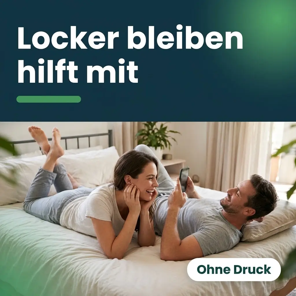 Paar liegt entspannt lachend im Bett, weniger Druck hilft auch der Eichel
