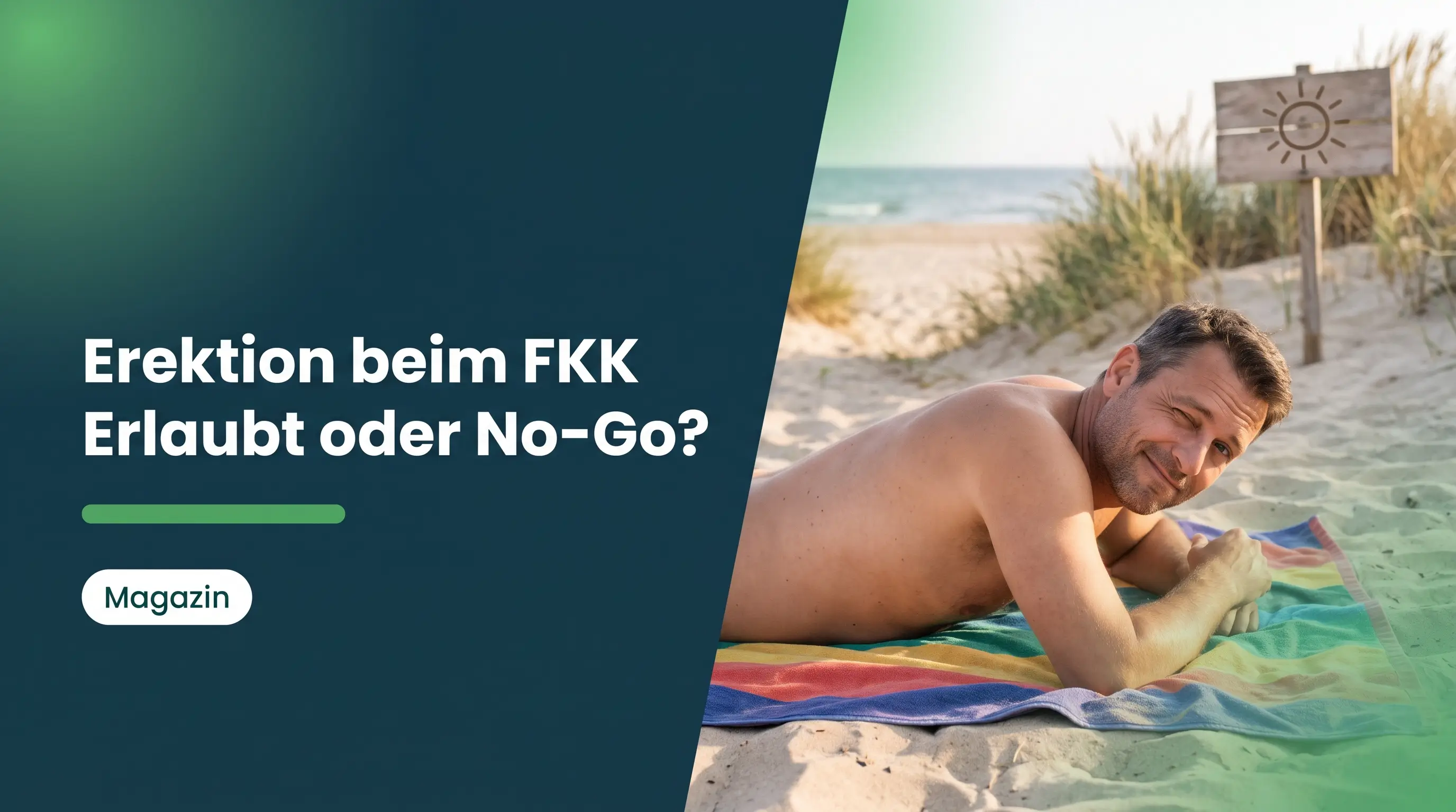 Erektion beim FKK: Mann liegt verlegen grinsend auf dem Badetuch am Strand