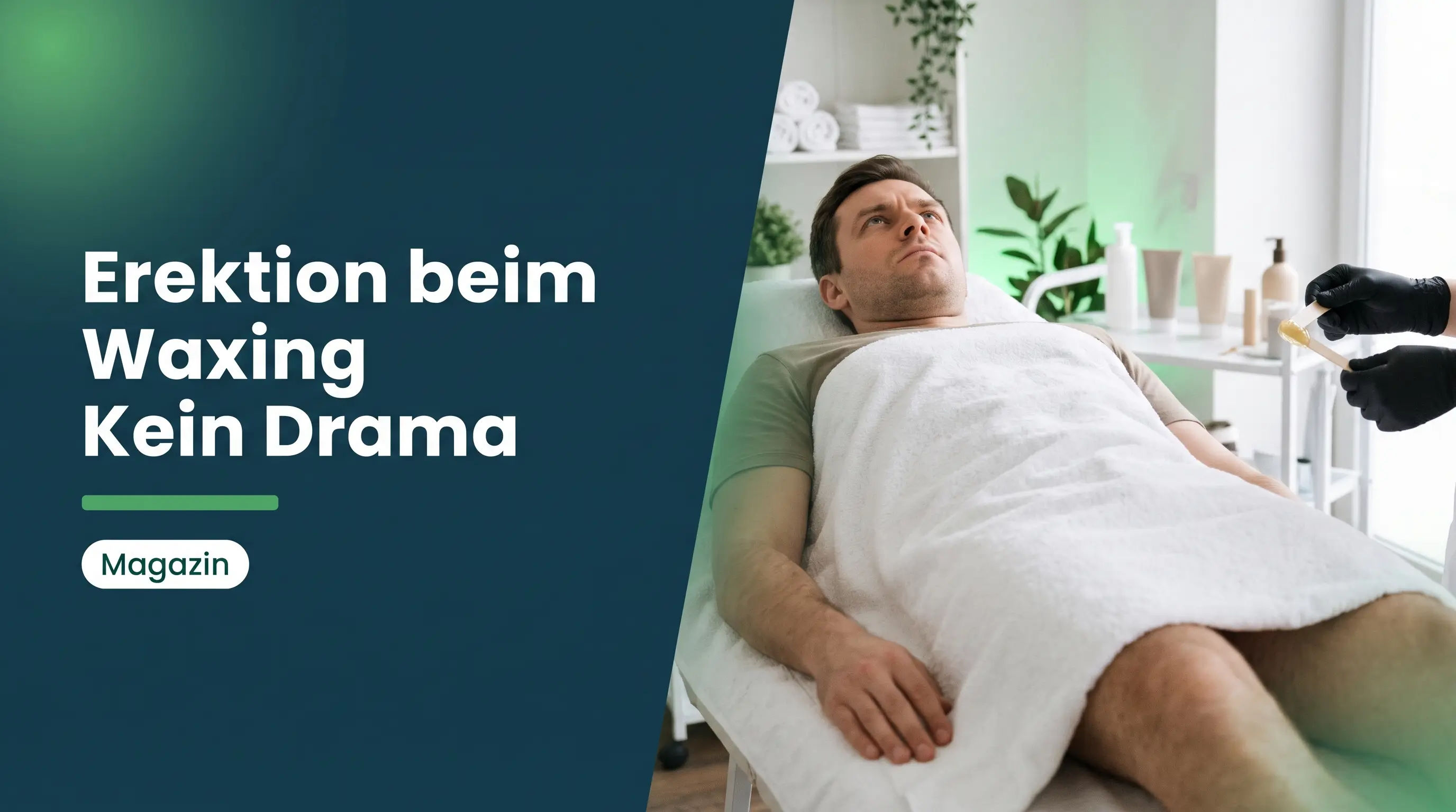 Erektion beim Waxing: Mann liegt mit Handtuch auf der Liege im Kosmetikstudio und starrt konzentriert an die Decke