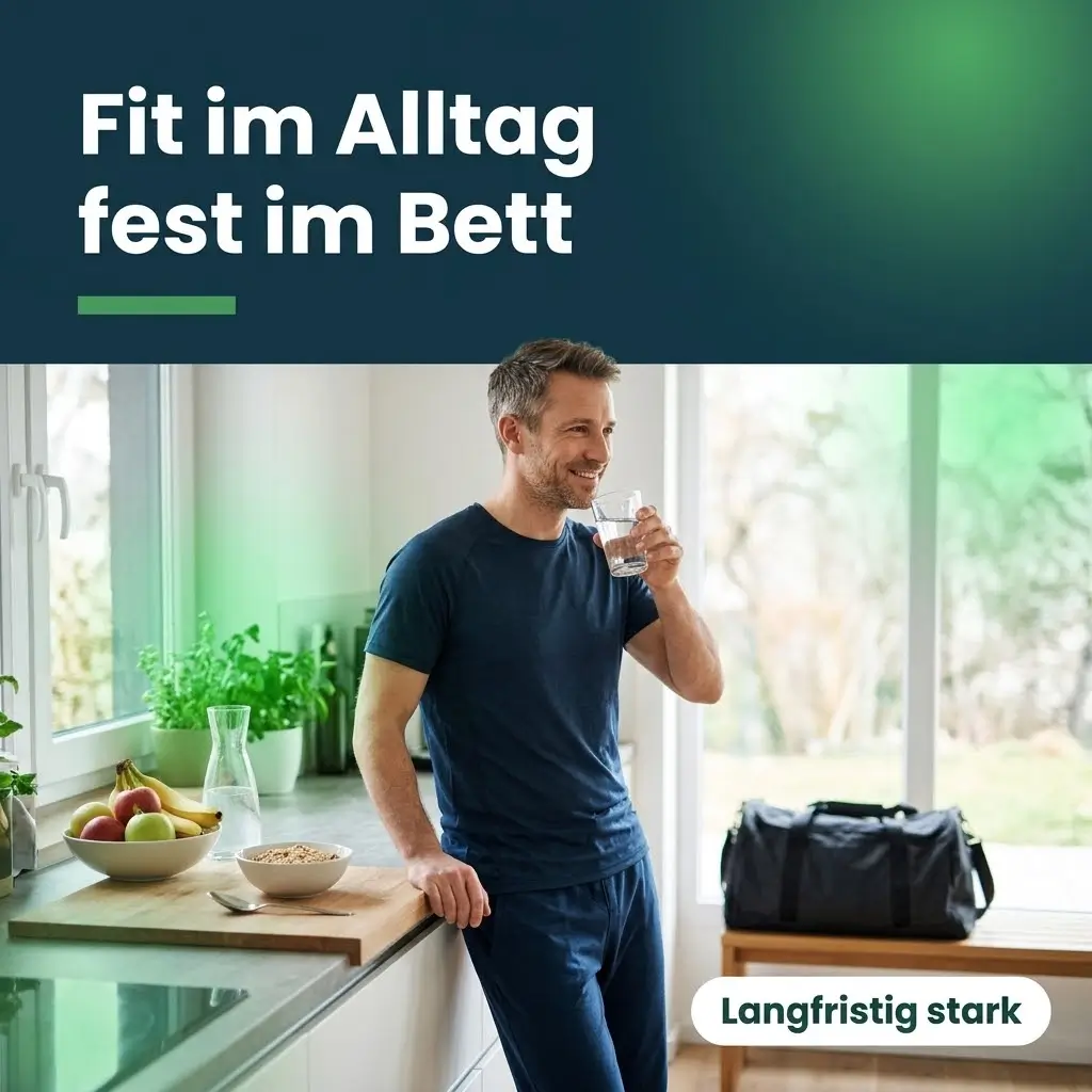 Mann in Sportkleidung trinkt morgens in der Küche Wasser, daneben Obst und Sporttasche