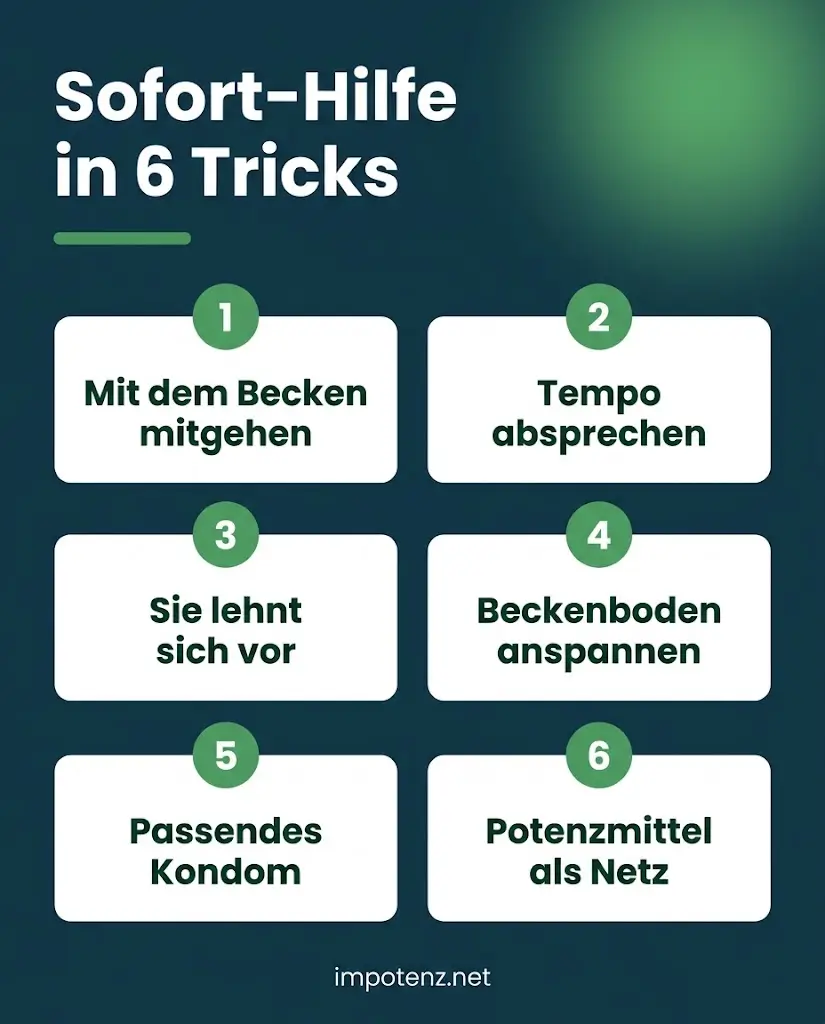 Infografik sechs Tricks, um die Erektion in der Reiterstellung zu halten