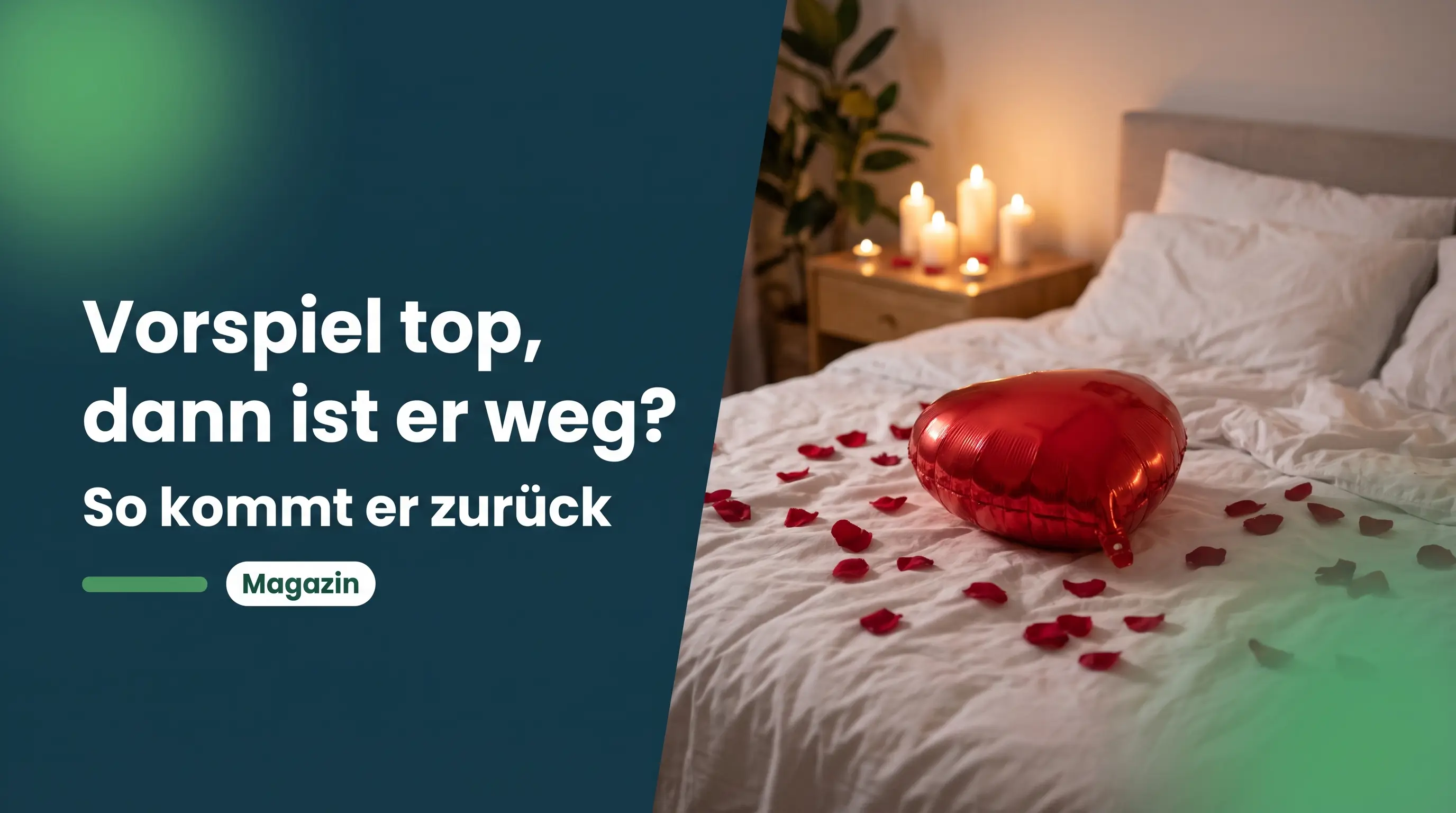 Erektion nach Vorspiel weg: herzförmiger Ballon hat auf dem Bett zwischen Rosenblättern und Kerzen Luft verloren
