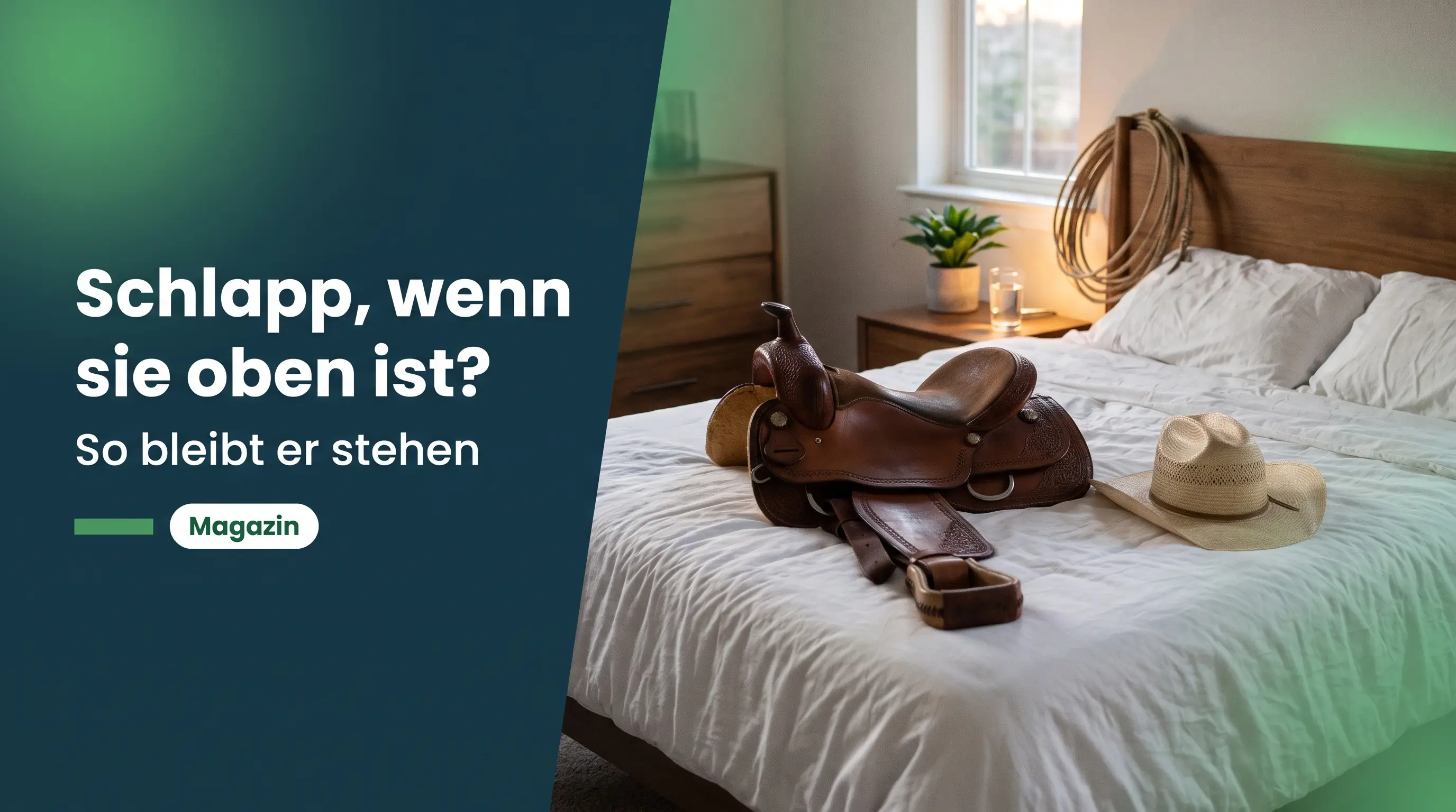 Erektion in der Reiterstellung: Westernsattel und Cowboyhut auf dem Bett im Schlafzimmer