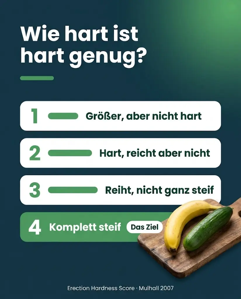 Infografik Erektionshärte-Skala: Stufe 1 bis 4, Stufe 4 komplett steif als Ziel