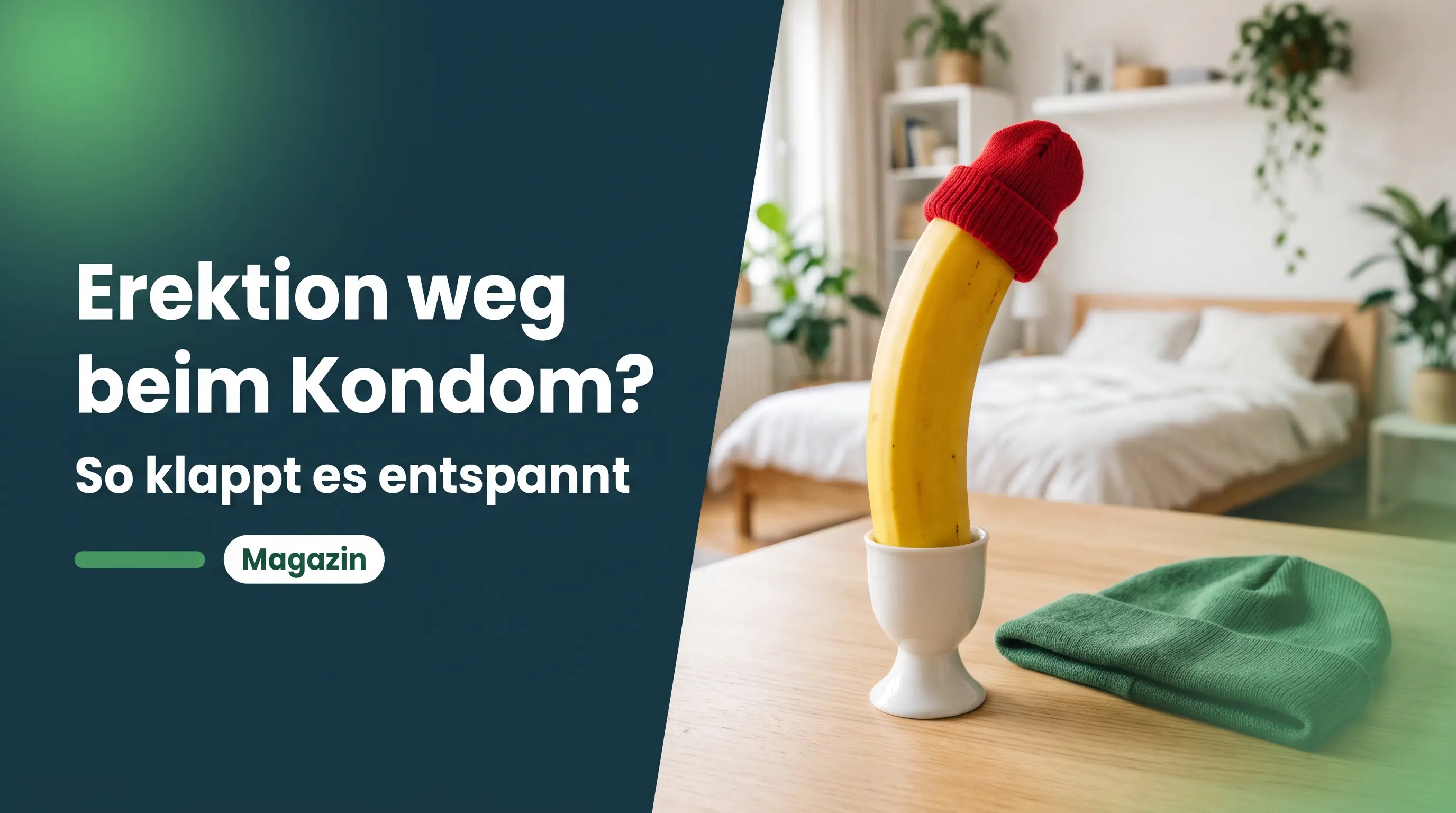 Erektionsprobleme mit Kondom: Banane mit viel zu enger Strickmütze, daneben eine passende größere Mütze