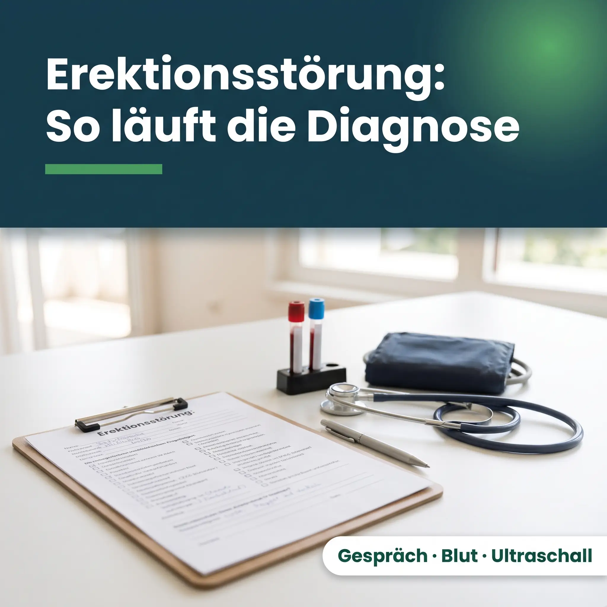 Diagnostik bei Impotenz: Fragebogen, Stethoskop und Blutröhrchen auf dem Arztschreibtisch