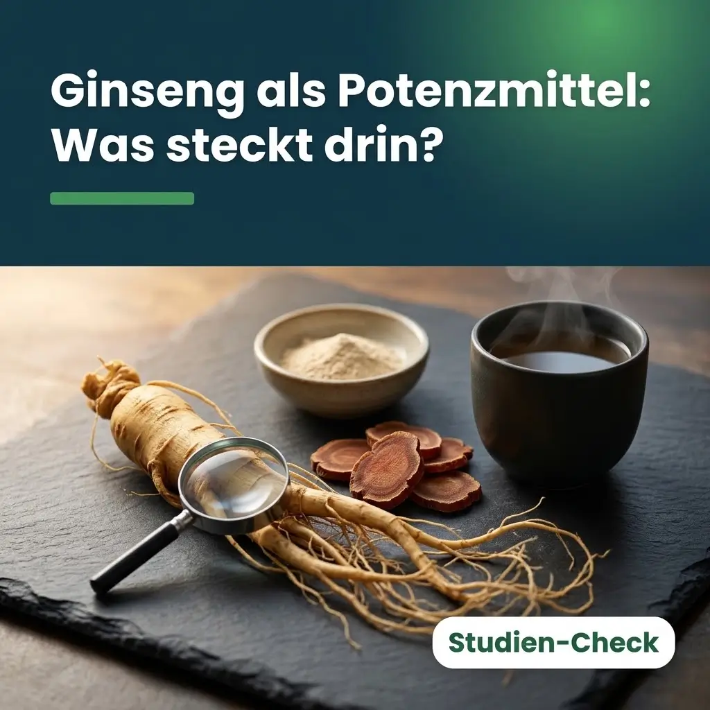 Ginseng als Potenzmittel im Check: Ginsengwurzel, roter Ginseng und Lupe auf dunklem Schiefer