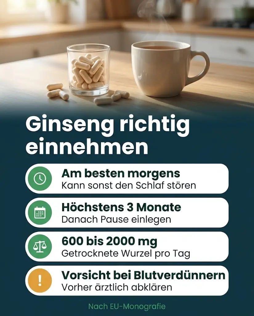Ginseng Einnahme, Dosierung und Dauer als Infografik nach EU-Monografie