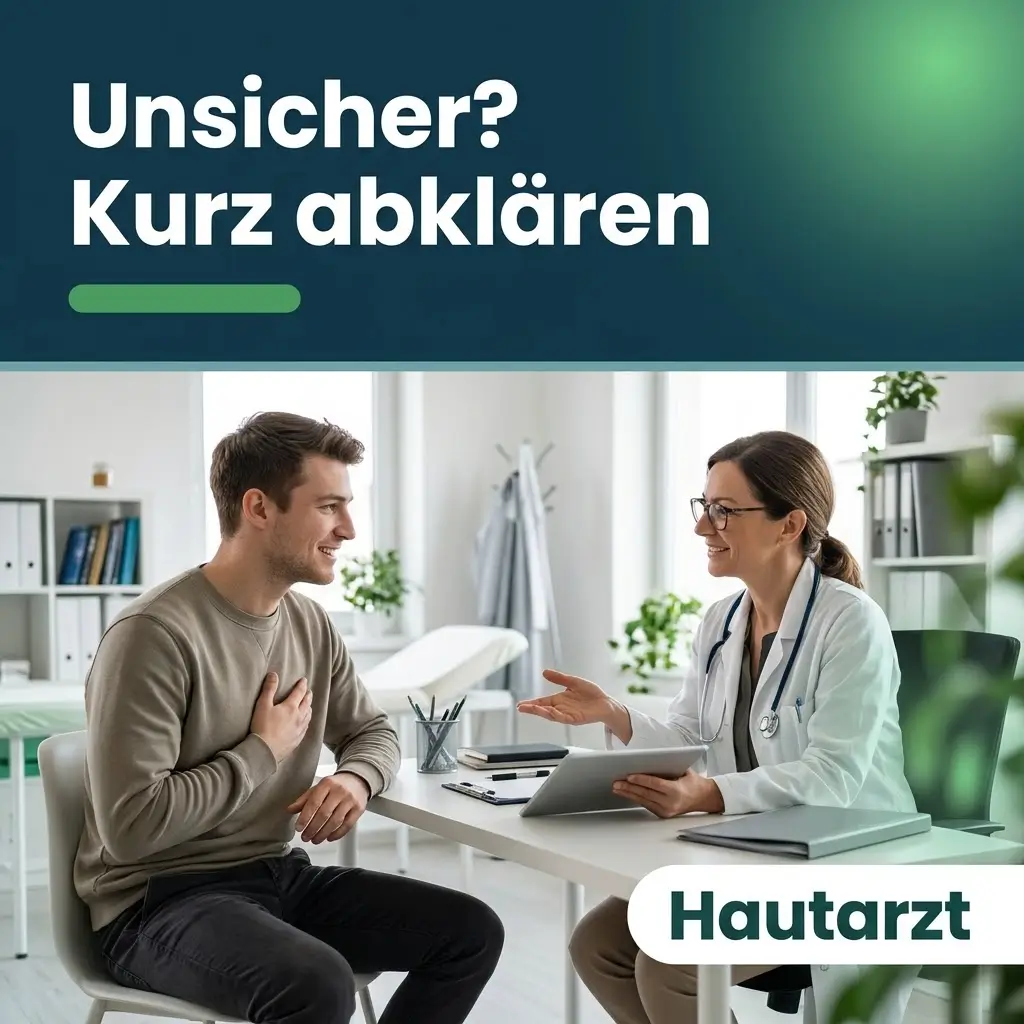 Hautärztin beruhigt Mann in der Praxis, Hornzipfel sind harmlos