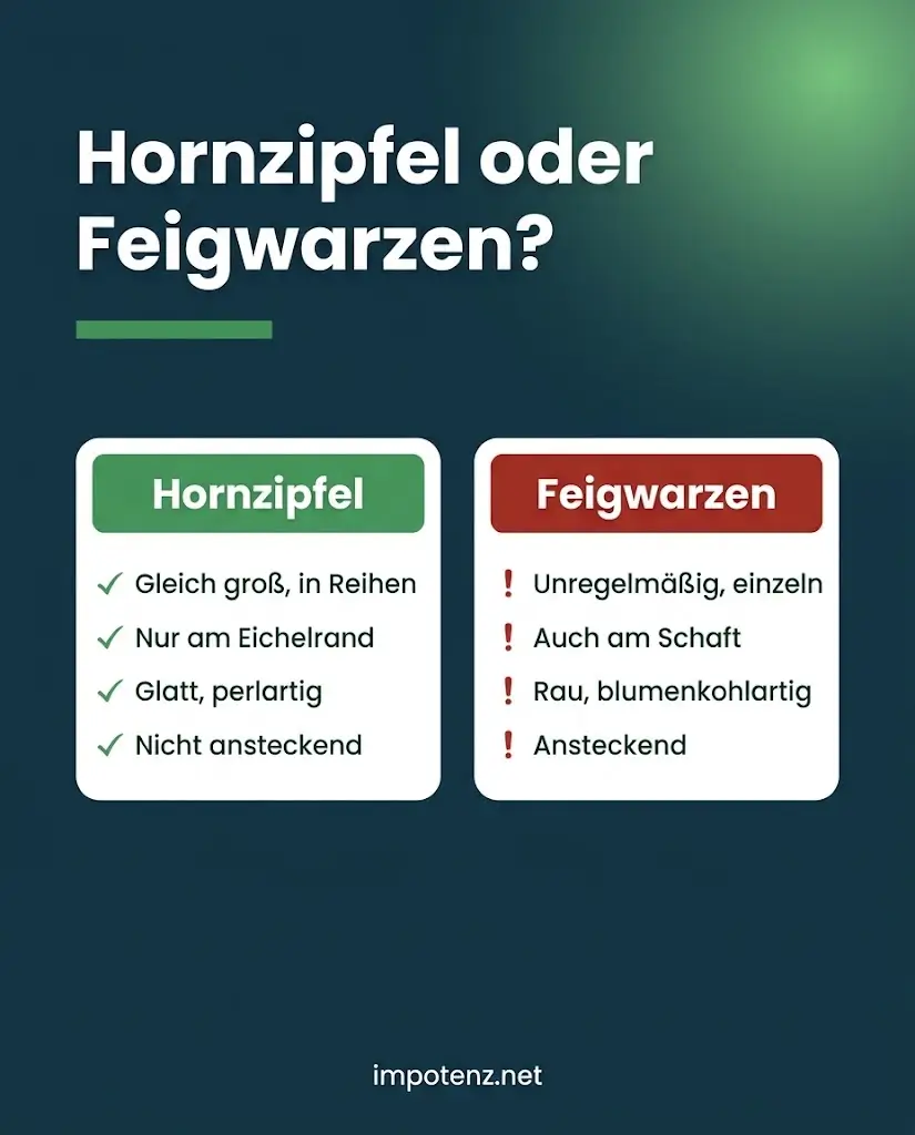 Infografik Hornzipfel oder Feigwarzen: Unterschiede bei Form, Ort, Oberfläche und Ansteckung