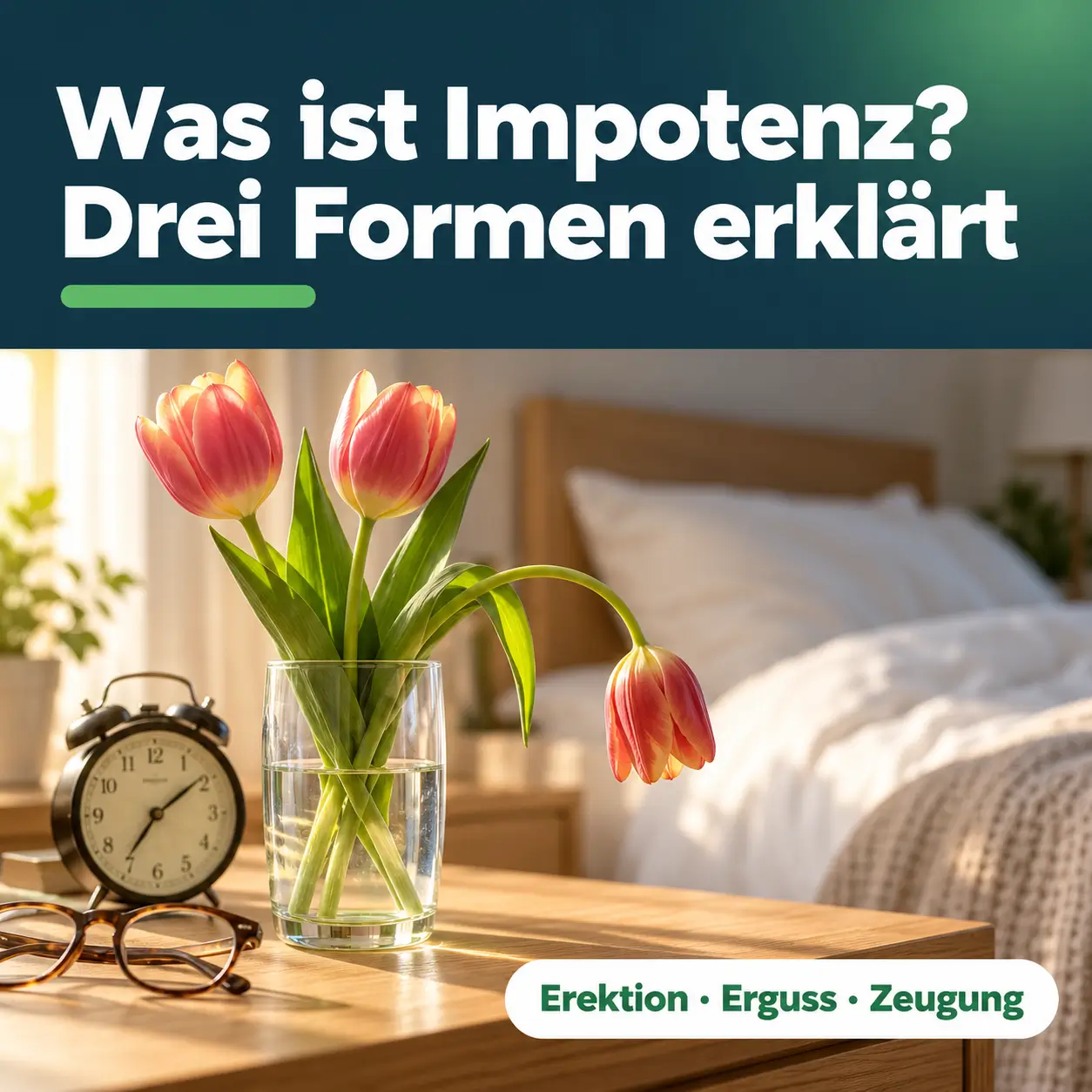 Was ist Impotenz: drei Tulpen in einer Vase auf dem Nachttisch, eine davon hängt schlaff herunter