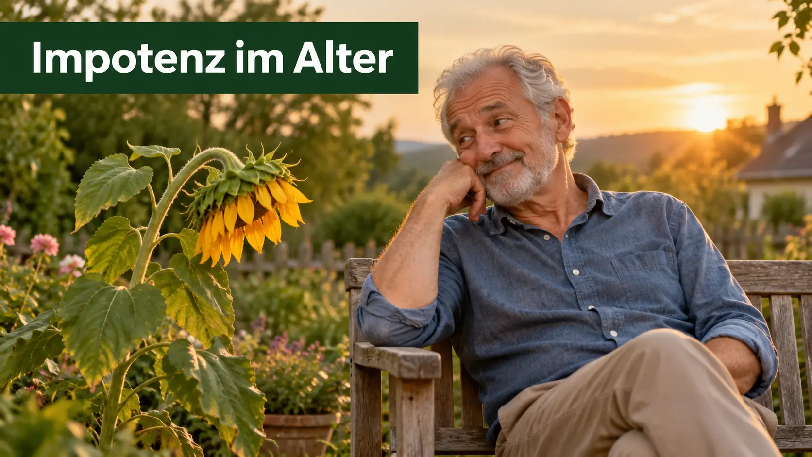 Impotenz im Alter: älterer Mann schmunzelt über eine hängende Sonnenblume im Garten