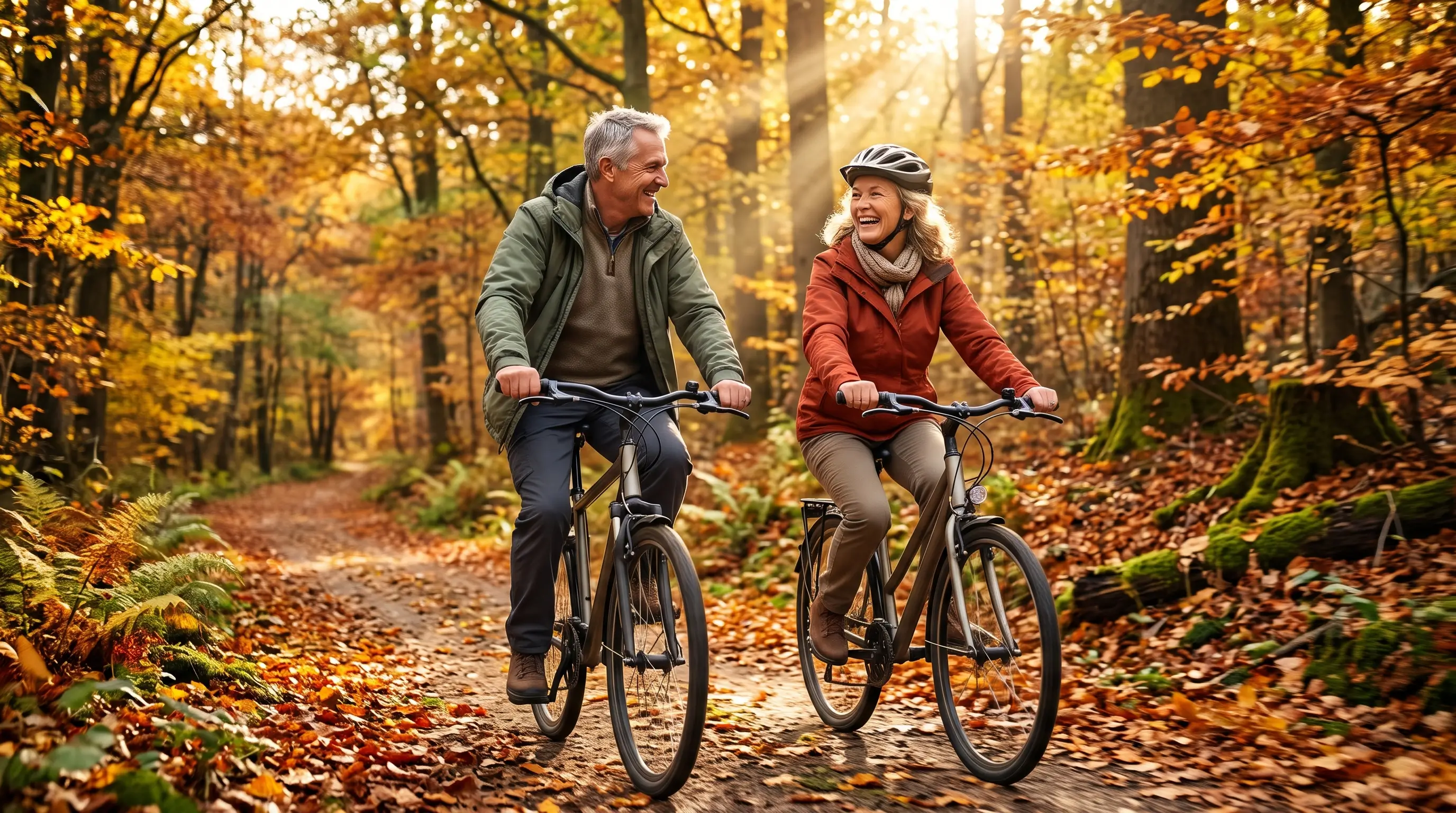 Älteres Paar fährt Fahrrad im Herbstwald: Bewegung hilft gegen Impotenz im Alter