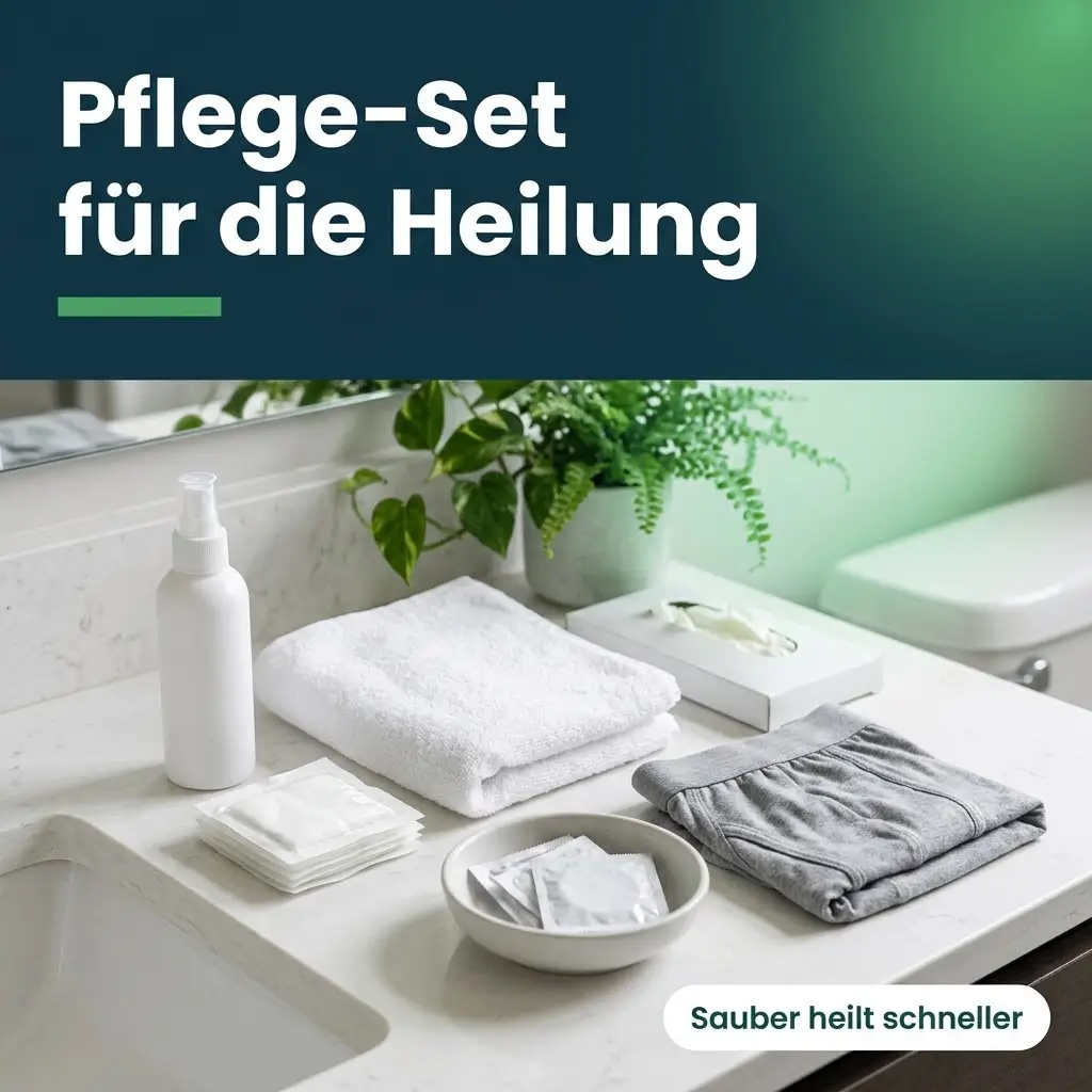 Pflege-Set für ein Intimpiercing mit Kochsalz-Sprühflasche, sterilen Kompressen und Kondomen