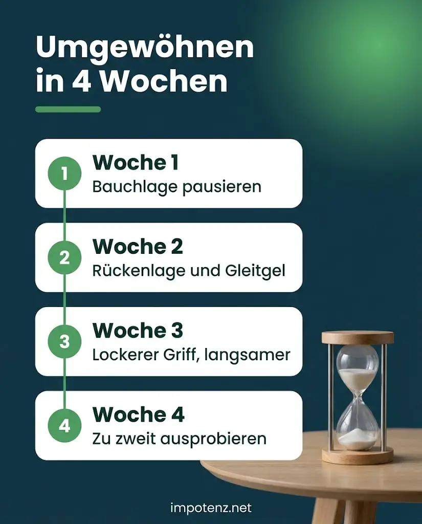 Infografik Kissenreiten abgewöhnen in vier Wochen: Bauchlage pausieren, Rückenlage mit Gleitgel, lockerer Griff, zu zweit ausprobieren