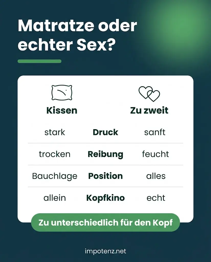 Infografik Kissenreiten im Vergleich zu echtem Sex: Druck, Reibung, Position und Kopfkino unterscheiden sich stark