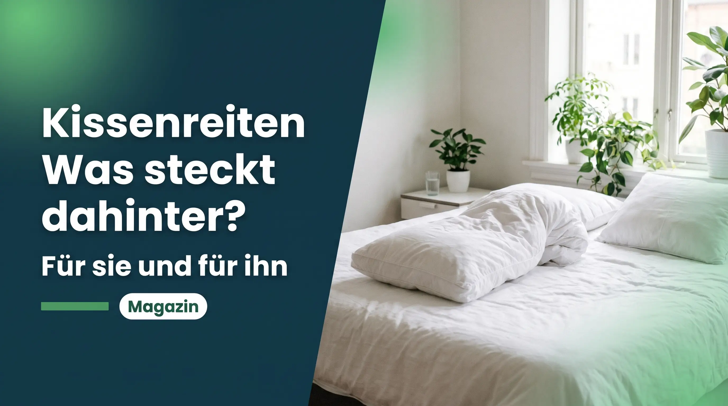 Kissenreiten: gefaltetes, zerknautschtes Kissen mitten auf einem Doppelbett