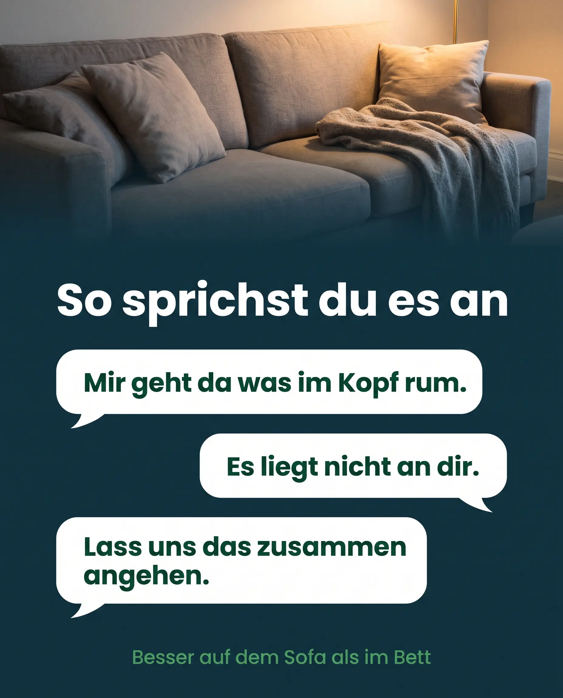 Kommunikation bei Impotenz: drei Gesprächsstarter in Sprechblasen für das Gespräch mit der Partnerin