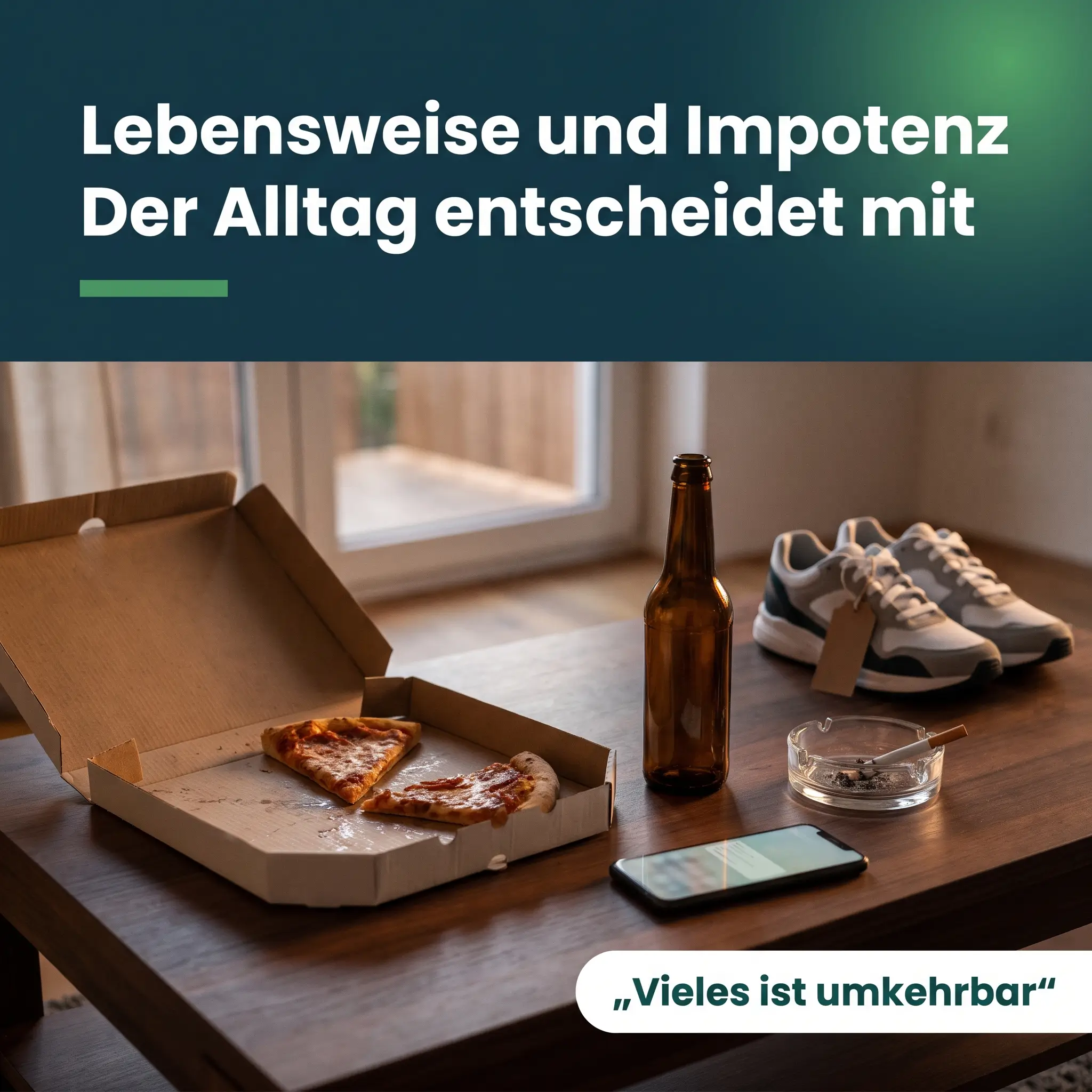Lebensweise und Impotenz: Pizza, Bier, Zigarette und unbenutzte Laufschuhe am Feierabend
