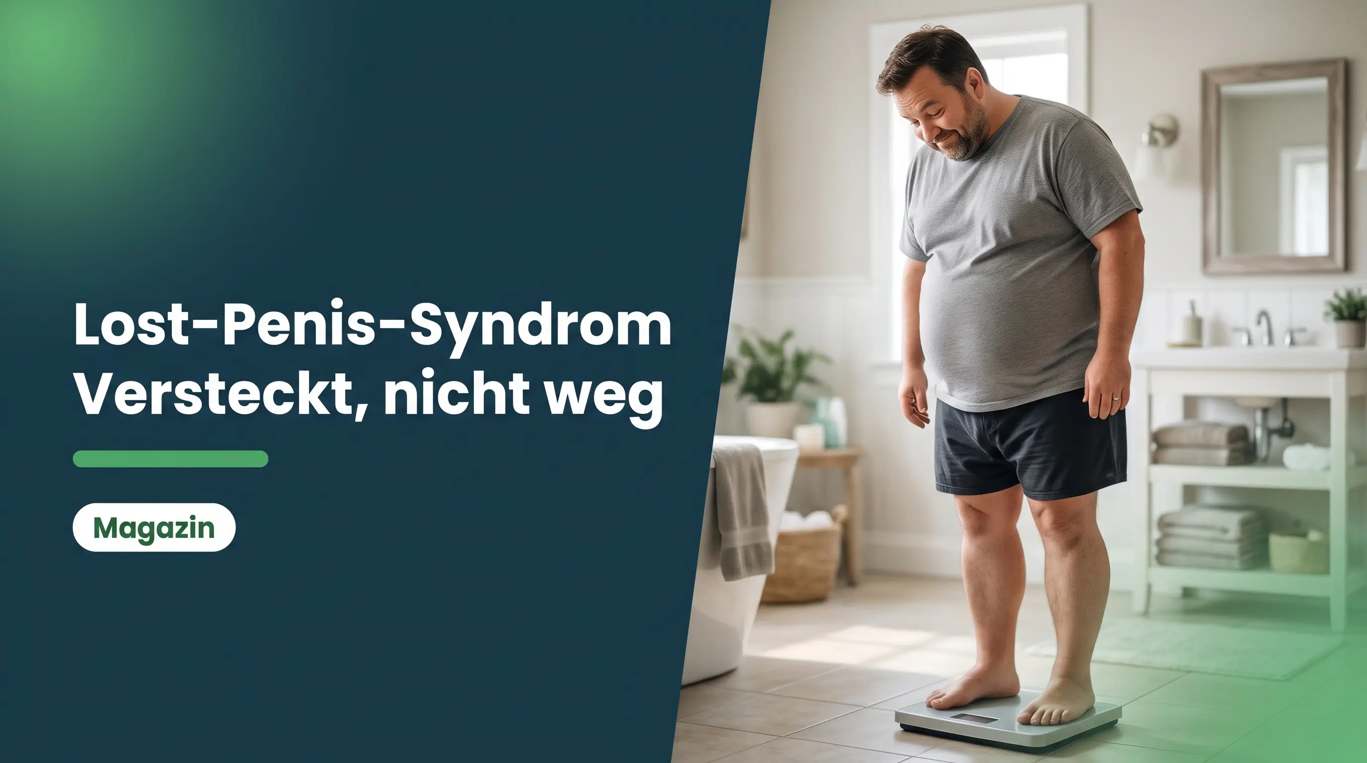 Lost-Penis-Syndrom: übergewichtiger Mann auf der Waage schaut schmunzelnd über seinen Bauch nach unten