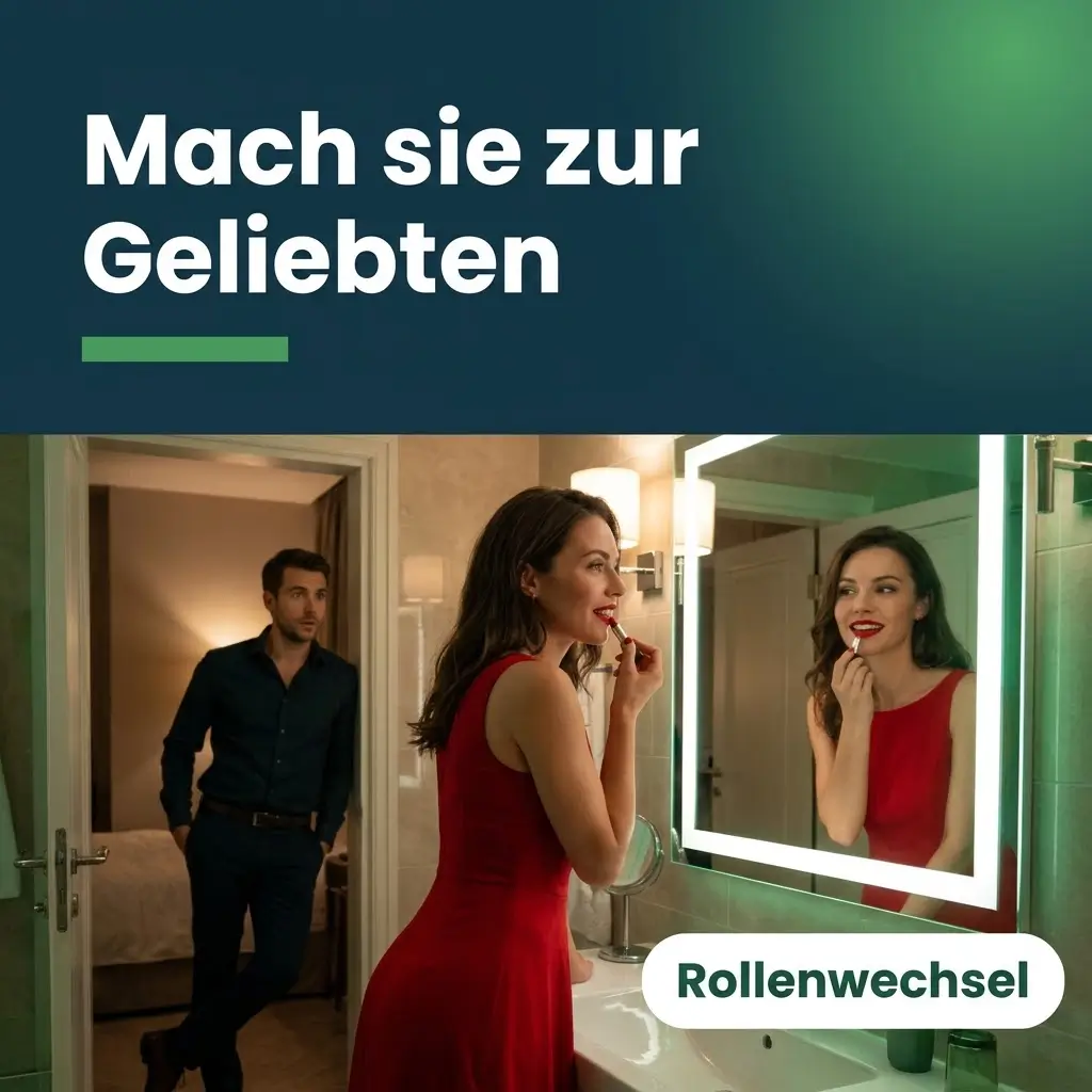 Frau im roten Kleid zieht vor dem Spiegel Lippenstift nach, ihr Mann schaut fasziniert zu, Ausweg aus dem Madonna-Hure-Komplex