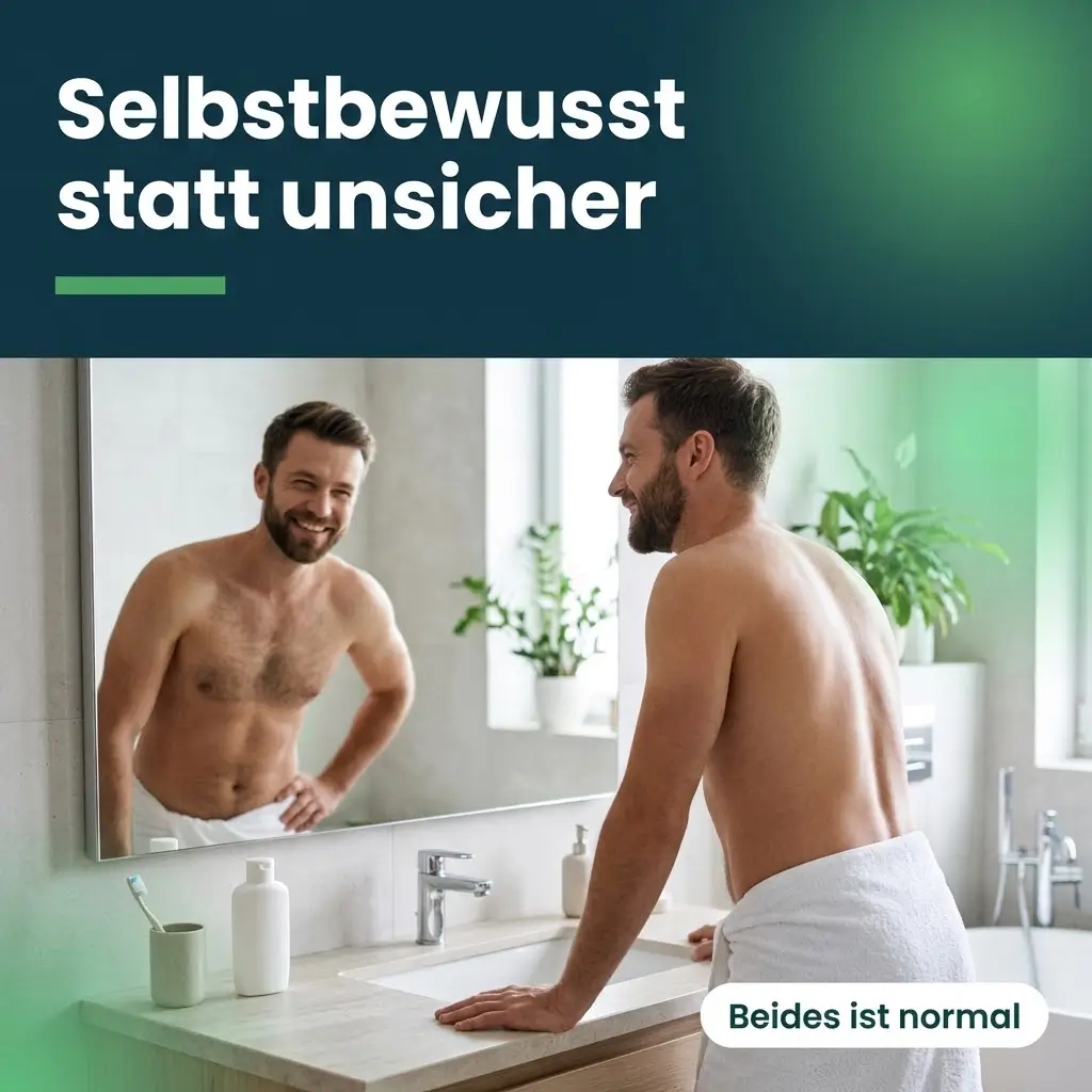 Mann zwinkert sich im Badezimmer selbstbewusst im Spiegel zu, ein Handtuch um die Hüften