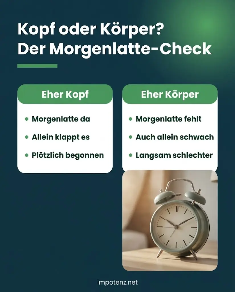 Infografik Morgenlatte-Check: Hinweise, ob die Erektionsprobleme eher im Kopf oder im Körper liegen