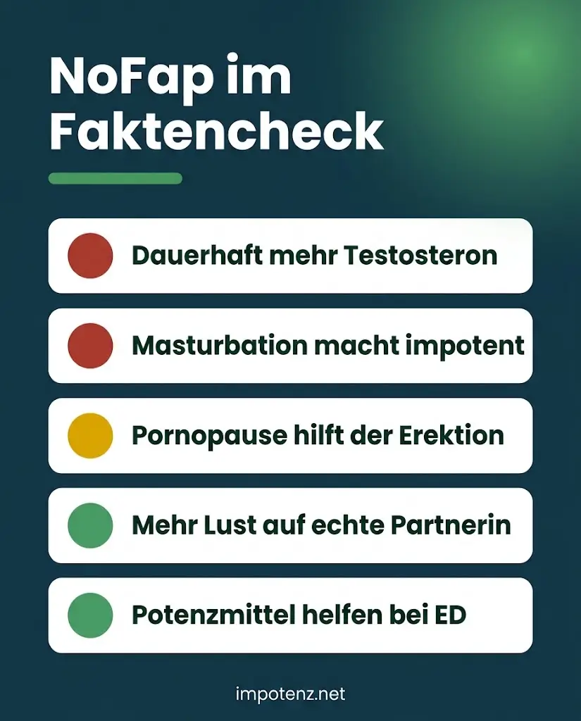 Infografik NoFap Faktencheck: dauerhaft mehr Testosteron und Masturbation macht impotent rot, Pornopause gelb, mehr Lust und Potenzmittel grün