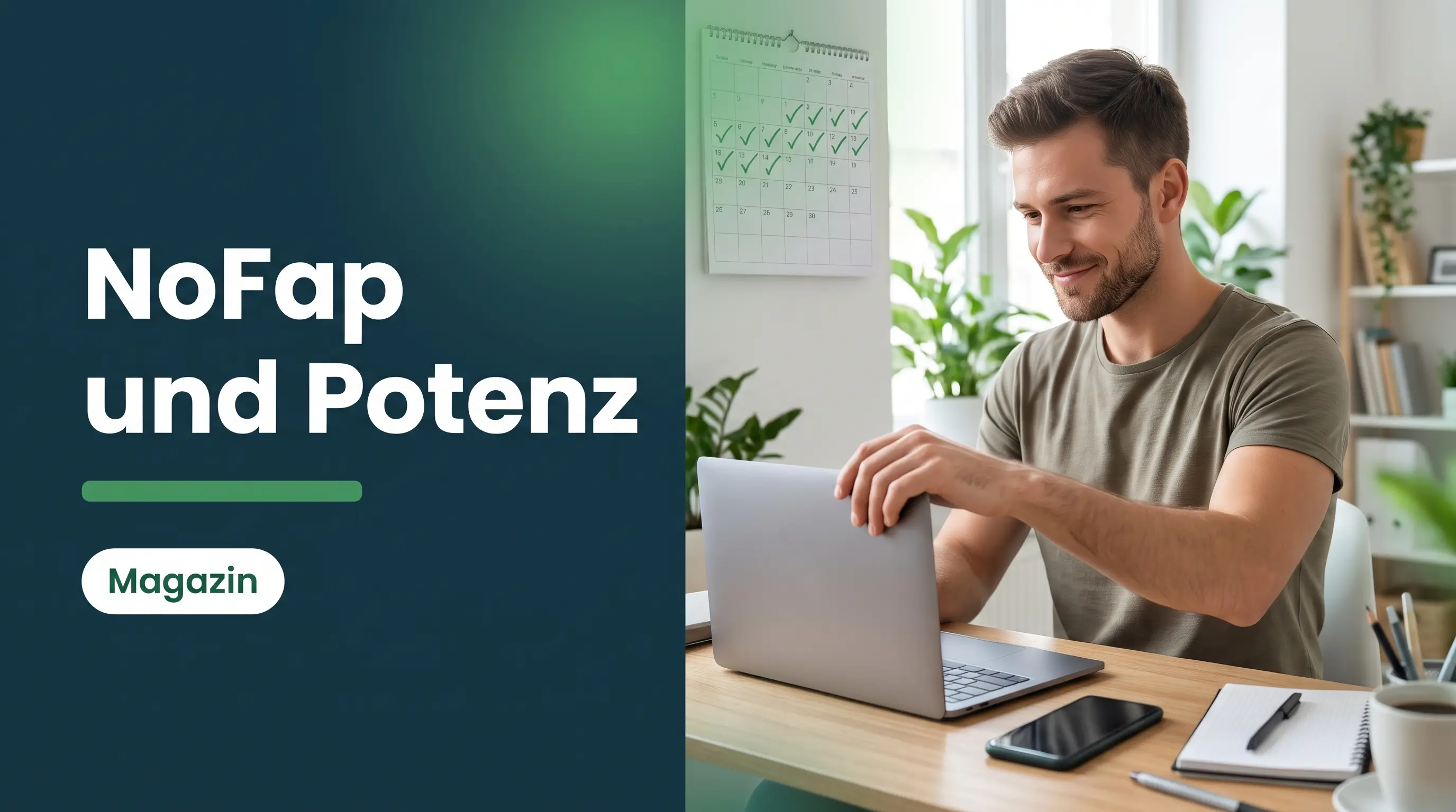 NoFap Potenz: Mann klappt entschlossen den Laptop zu, im Hintergrund ein Kalender mit abgehakten Tagen