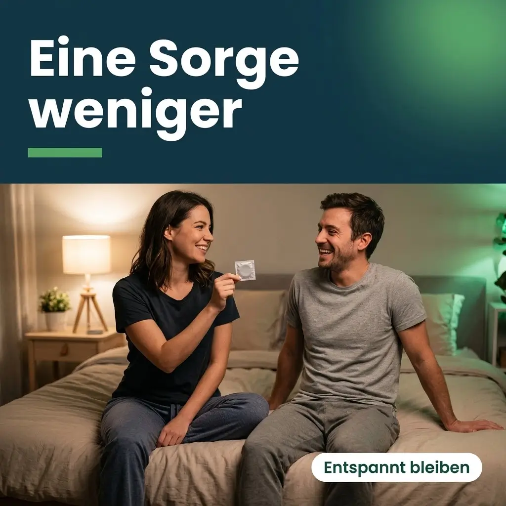 Paar sitzt lachend auf dem Bett, sie hält eine neutrale Kondompackung hoch