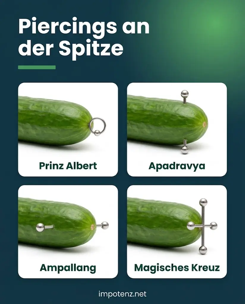Infografik Penis-Piercing Arten an der Eichel: Prinz Albert, Apadravya, Ampallang und Magisches Kreuz an einer Gurke dargestellt