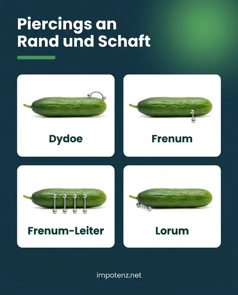 Infografik Penis-Piercing Positionen am Schaft: Dydoe, Frenum, Frenum-Leiter und Lorum an einer Gurke dargestellt