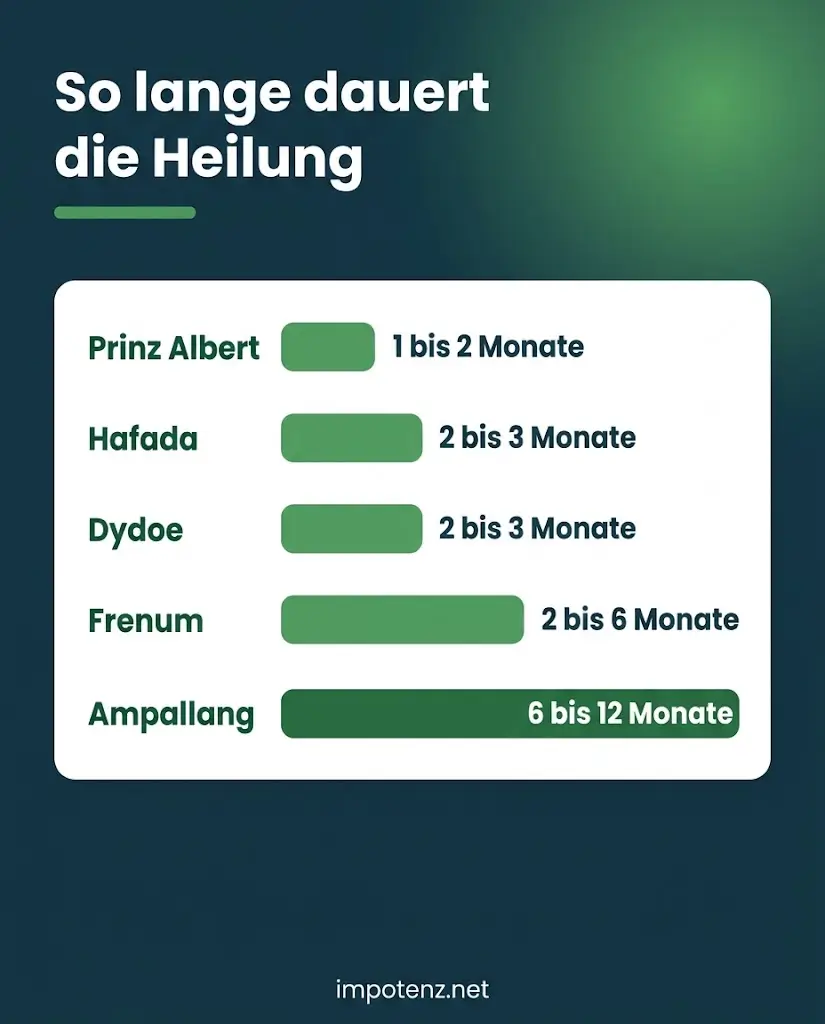 Infografik Heilungsdauer Penis-Piercing von Prinz Albert mit 1 bis 2 Monaten bis Ampallang mit 6 bis 12 Monaten