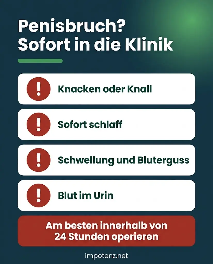 Infografik Penisbruch Symptome: Knacken, sofort schlaff, Schwellung und Bluterguss, Blut im Urin, sofort in die Klinik