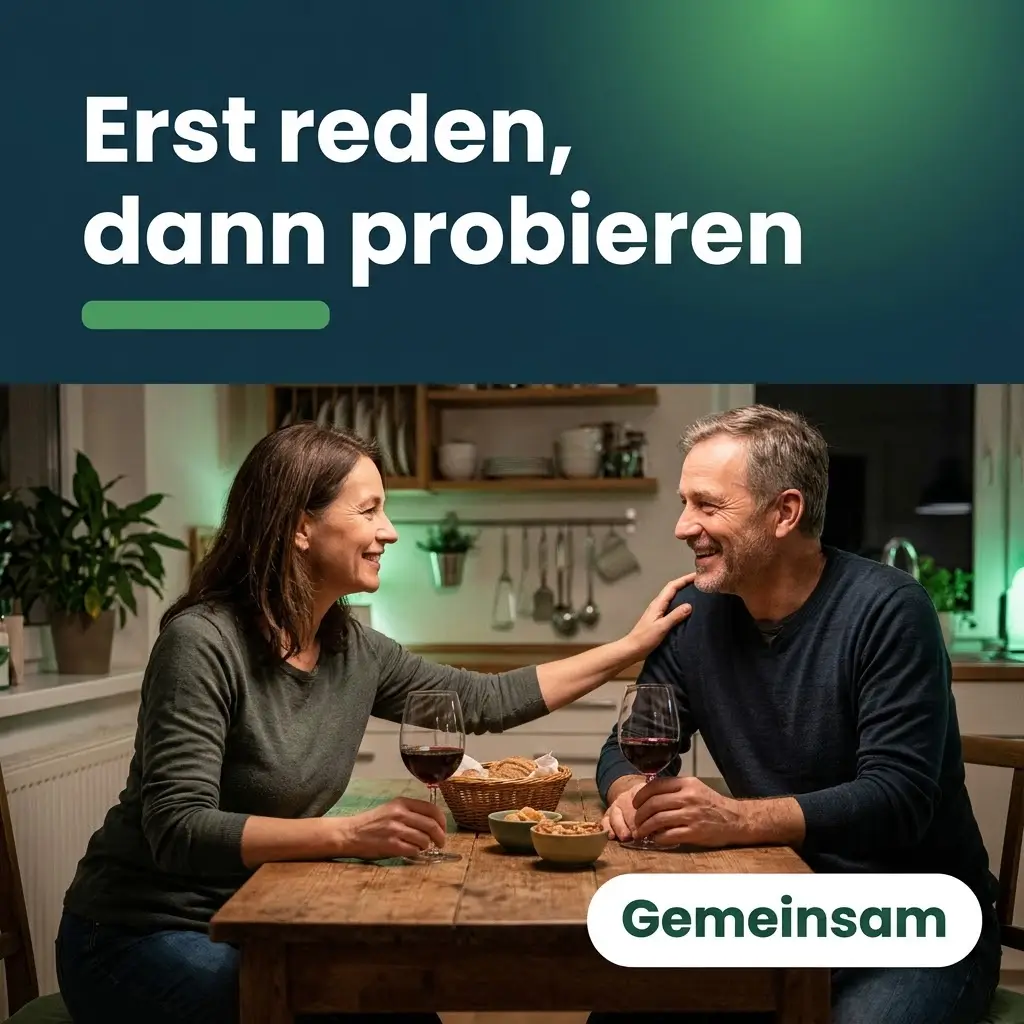 Paar spricht offen am Küchentisch über Penishülle und Erektionsprobleme