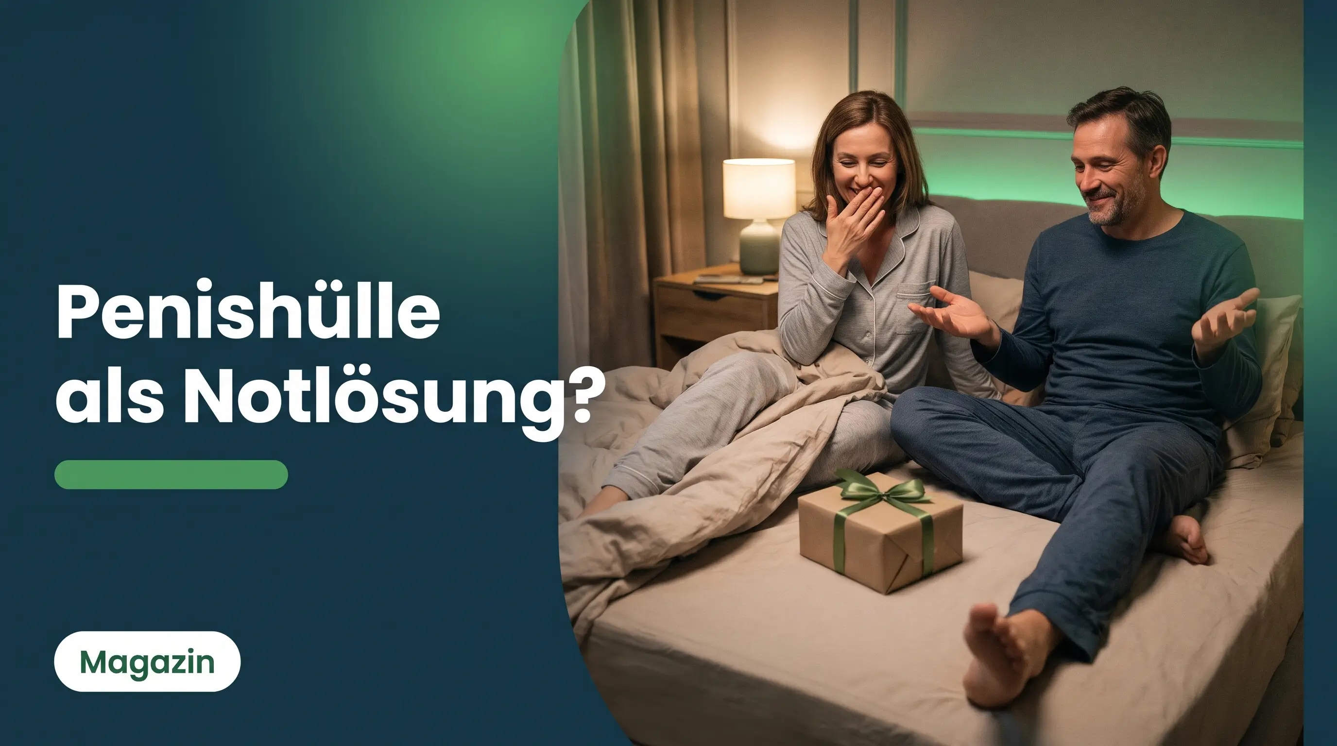 Penishülle als Notlösung: Paar sitzt lachend im Bett mit einem verpackten Geschenk