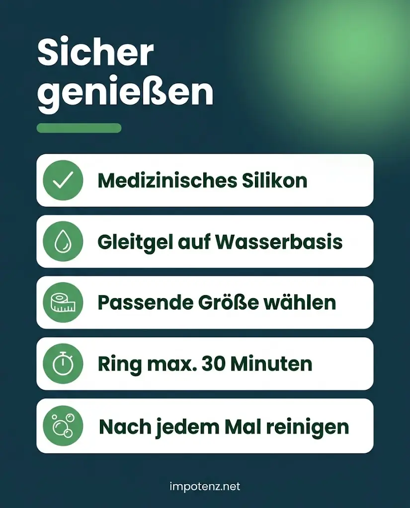 Infografik Penishülle sicher nutzen: Silikon, Gleitgel auf Wasserbasis, passende Größe, Ring maximal 30 Minuten, reinigen