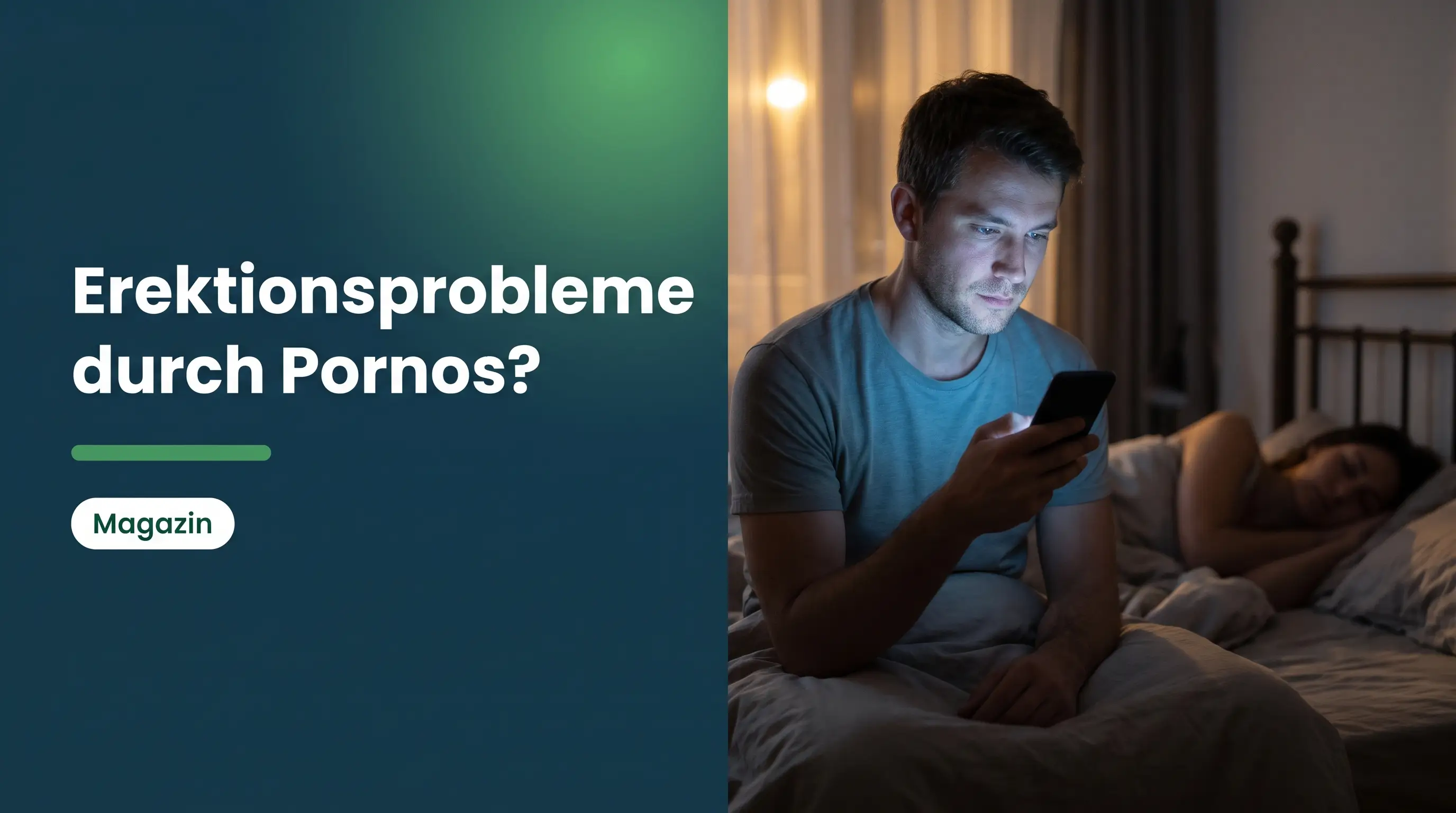 Porno-induzierte erektile Dysfunktion: junger Mann nachts mit Smartphone im Bett, Freundin schläft daneben