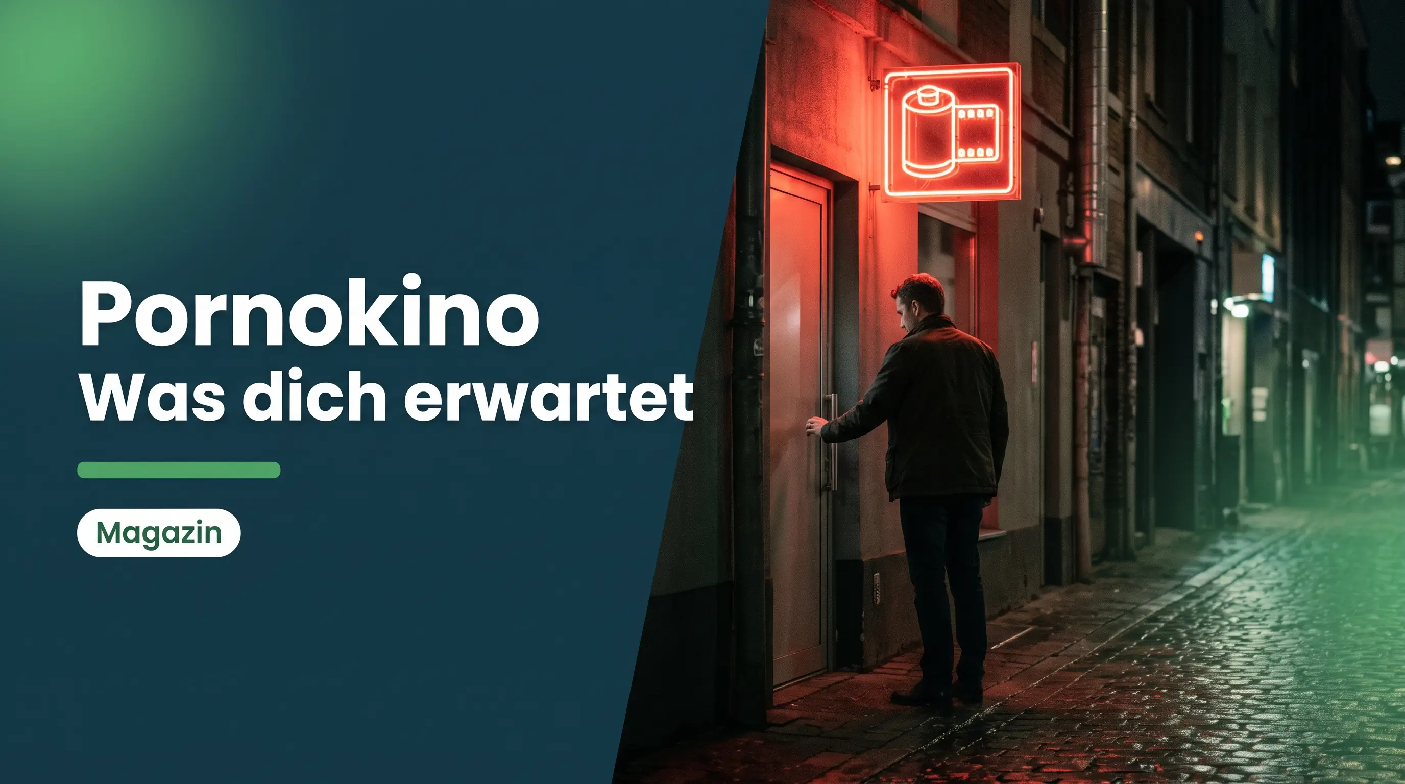 Pornokino Ratgeber: Mann steht nachts zögernd vor einer Tür mit rotem Neonlicht