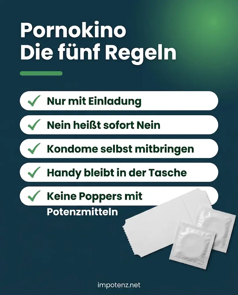 Infografik Pornokino: fünf Regeln für Einverständnis, Kondome und Potenzmittel