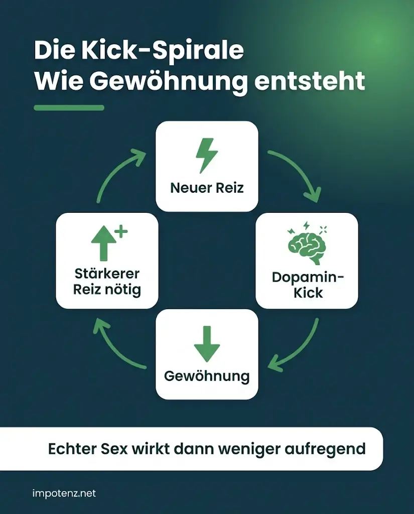 Infografik porno-induzierte erektile Dysfunktion: Kick-Spirale aus neuem Reiz, Dopamin und Gewöhnung